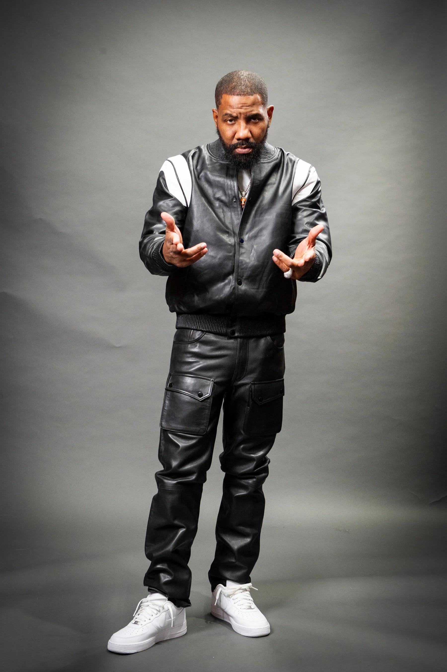 Men's Genuine Leather Track Suit And Cargo Pants [Black/White]