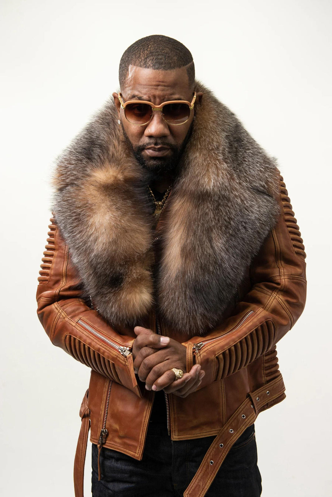 Men's Trey Biker With Fur Collar Leather Jacket [brown]