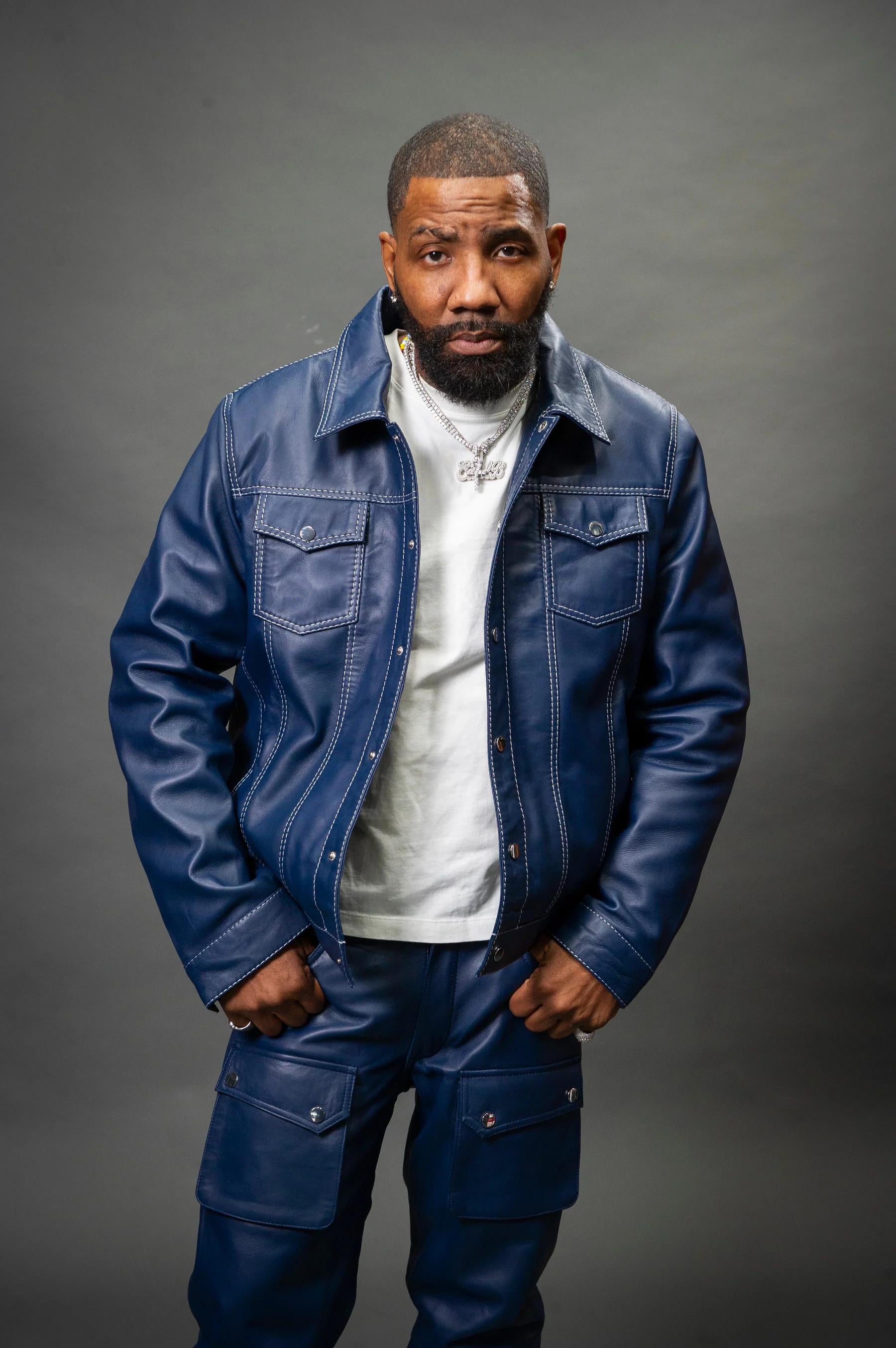 Men's Safari Leather Jacket And Cargo Pants Set [Navy]