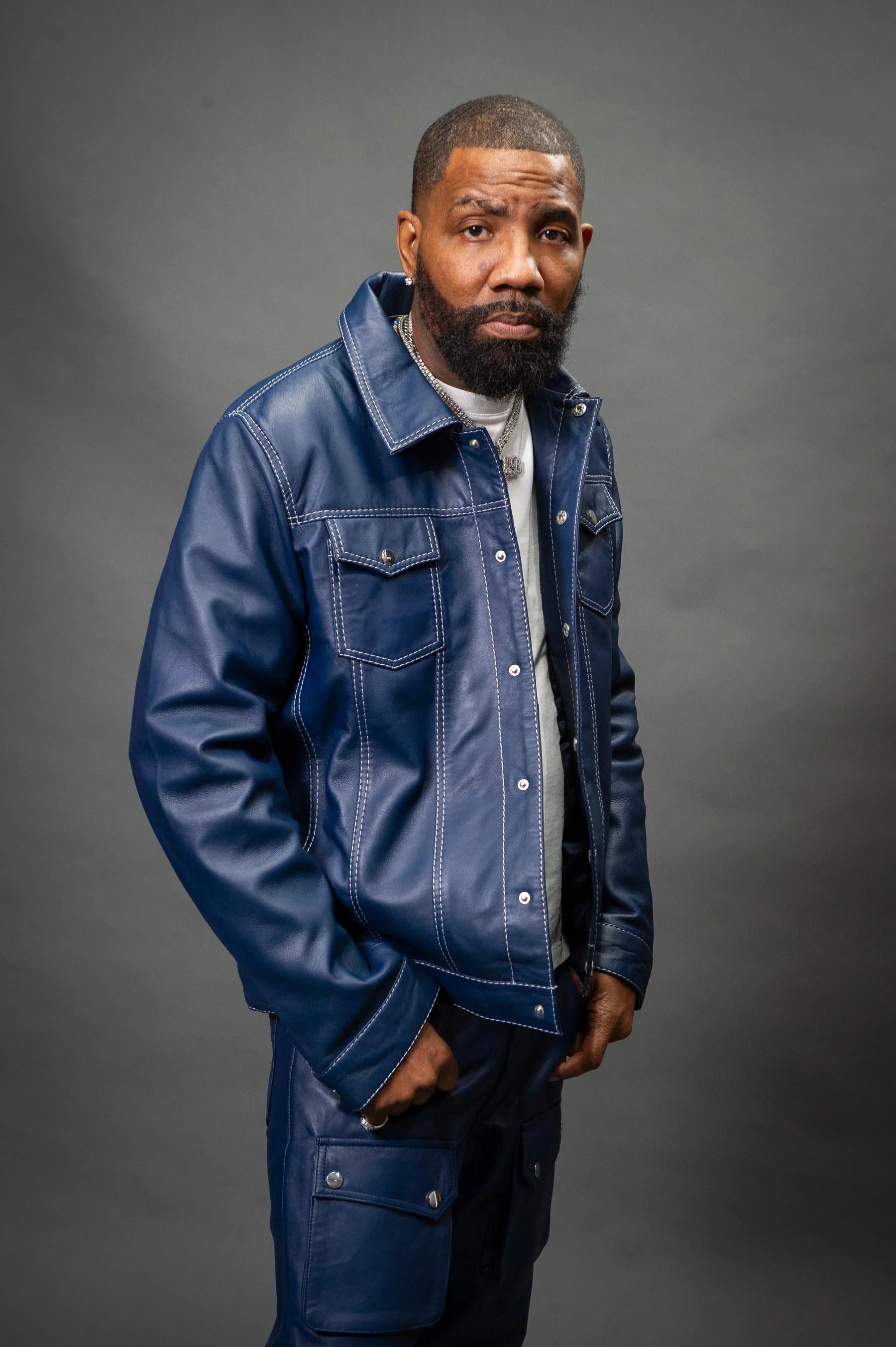 Men's Safari Leather Jacket And Cargo Pants Set [Navy]