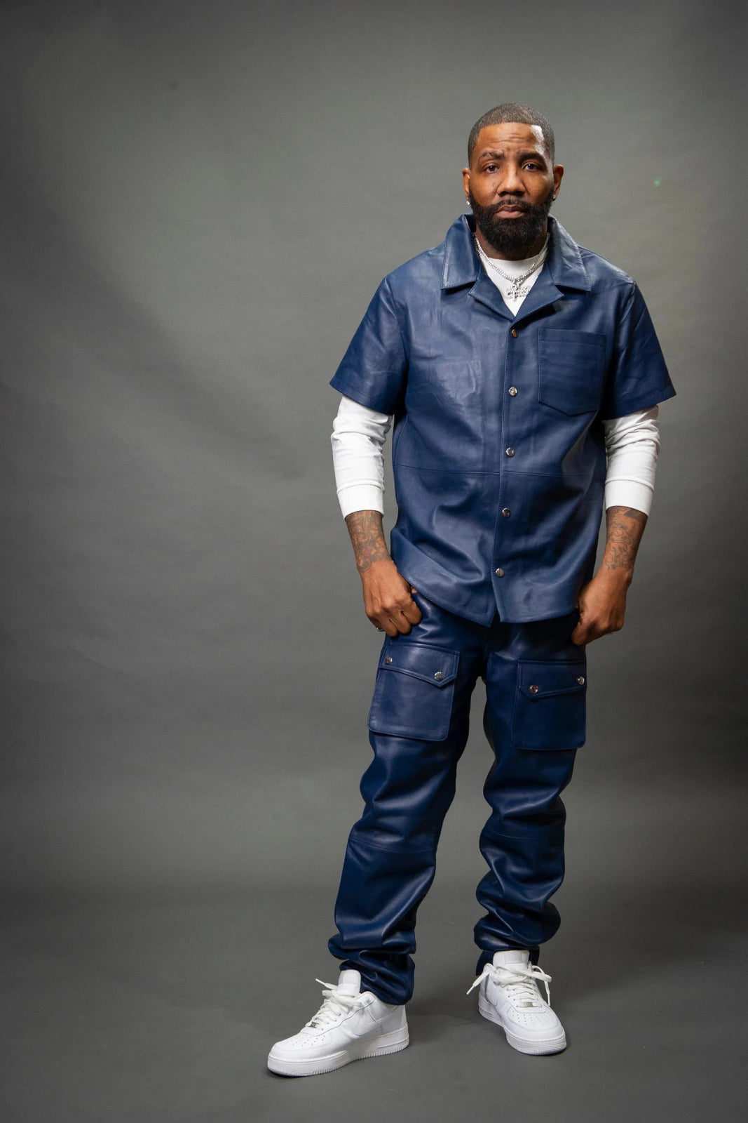 Men's Leather Short Sleeve Shirt And Cargo Pants Track Suit [Navy]