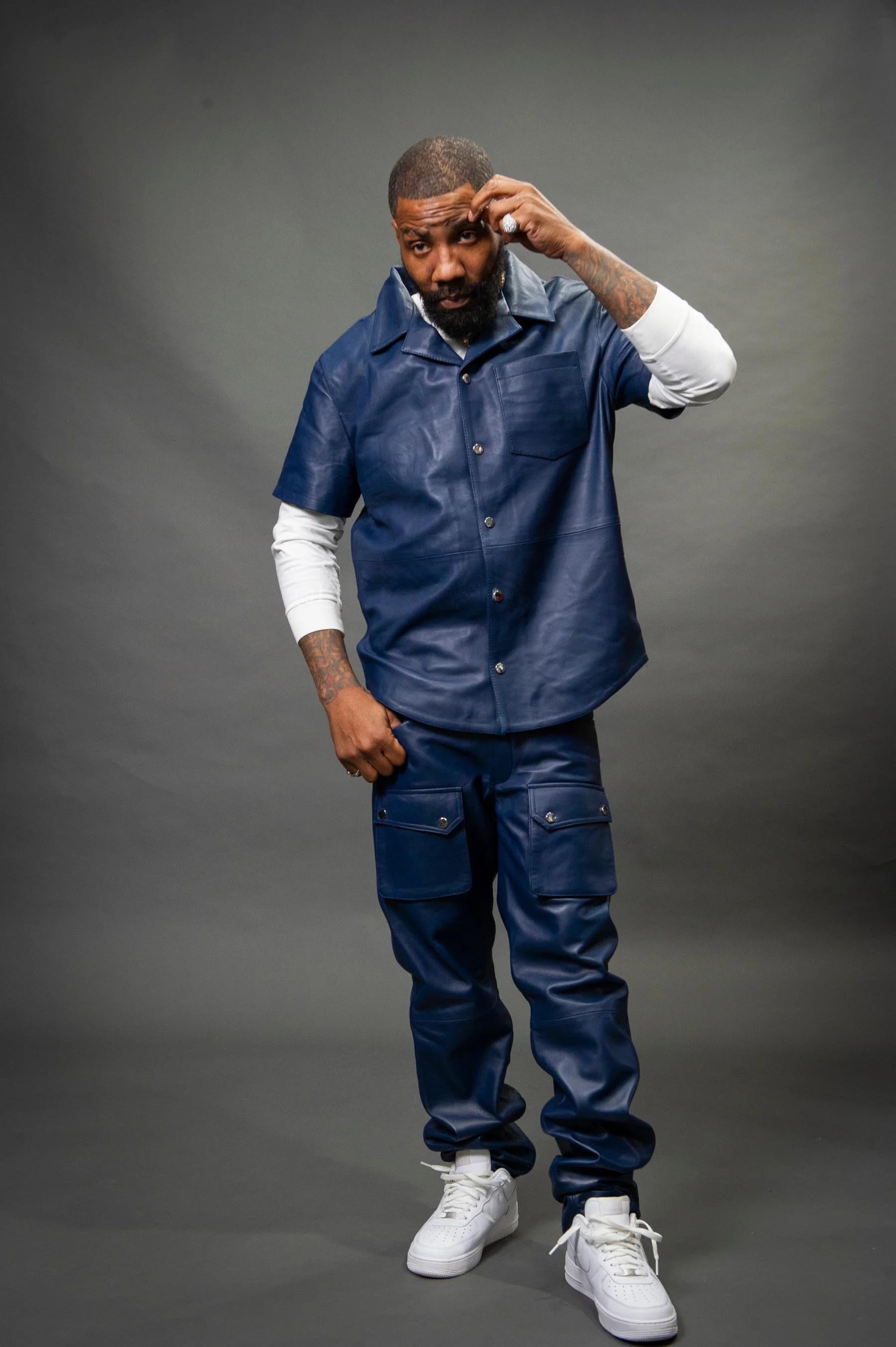 Men's Leather Short Sleeve Shirt And Cargo Pants Track Suit [Navy]