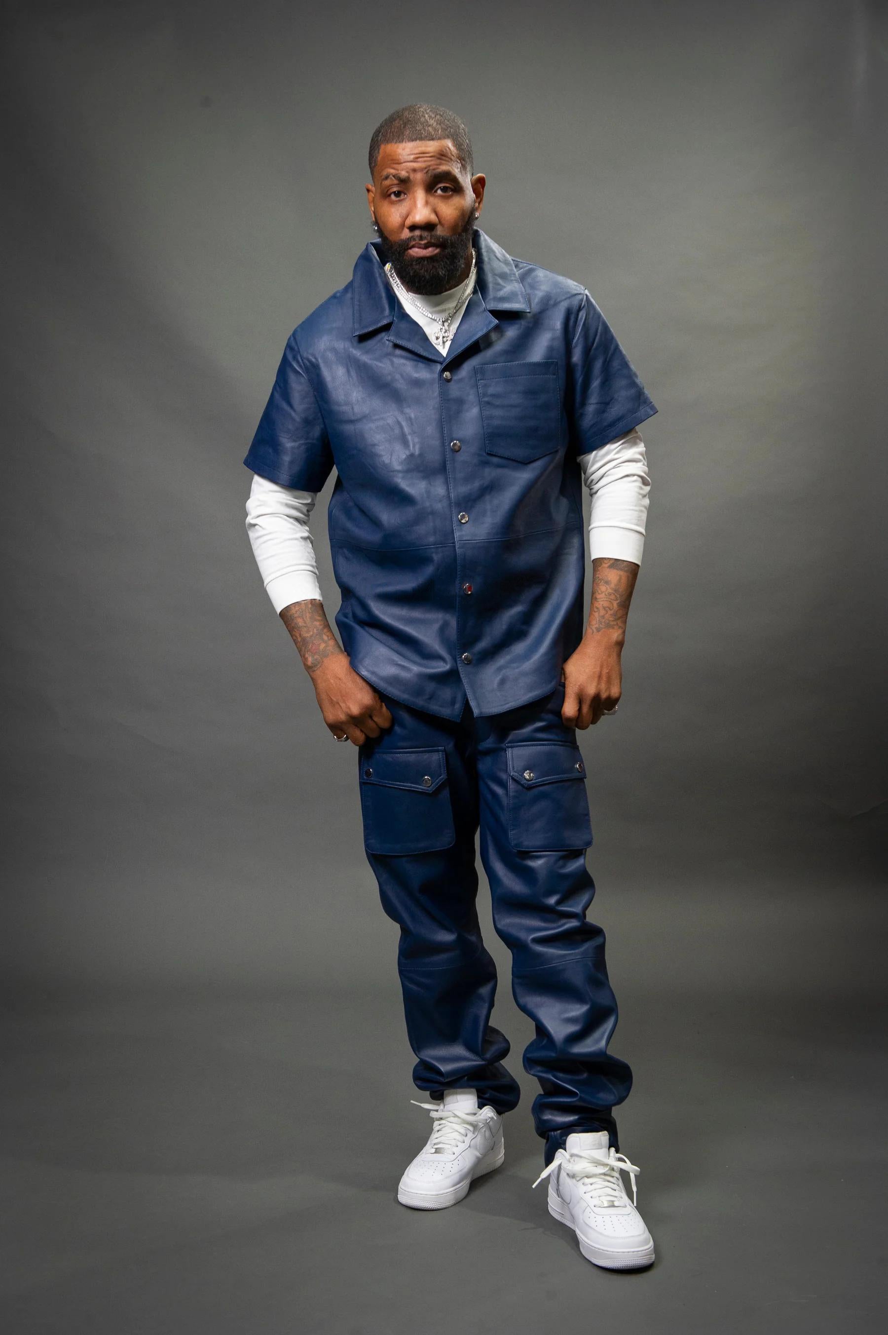 Men's Leather Short Sleeve Shirt And Cargo Pants Track Suit [Navy]