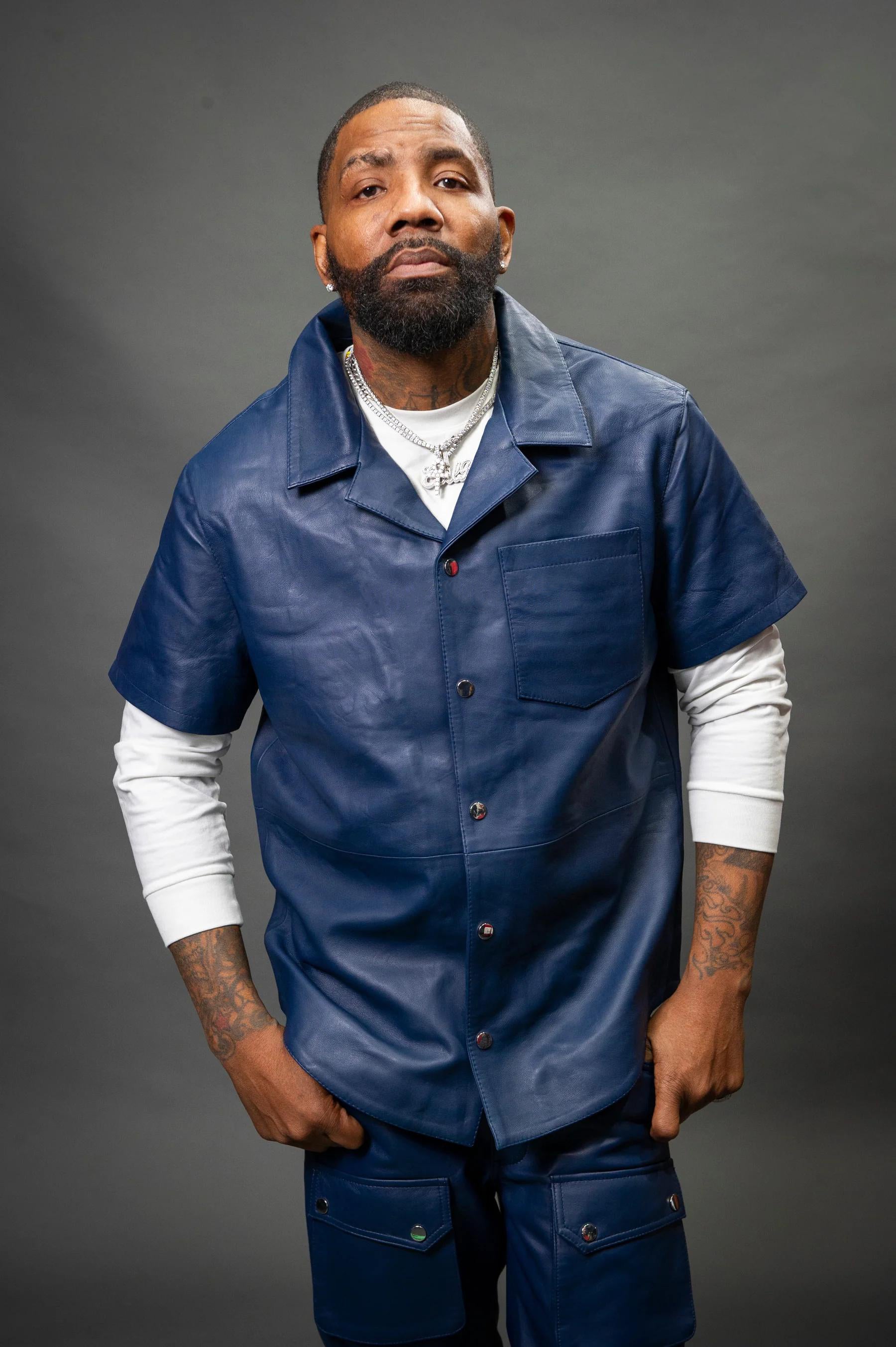 Men's Leather Short Sleeve Shirt And Cargo Pants Track Suit [Navy]