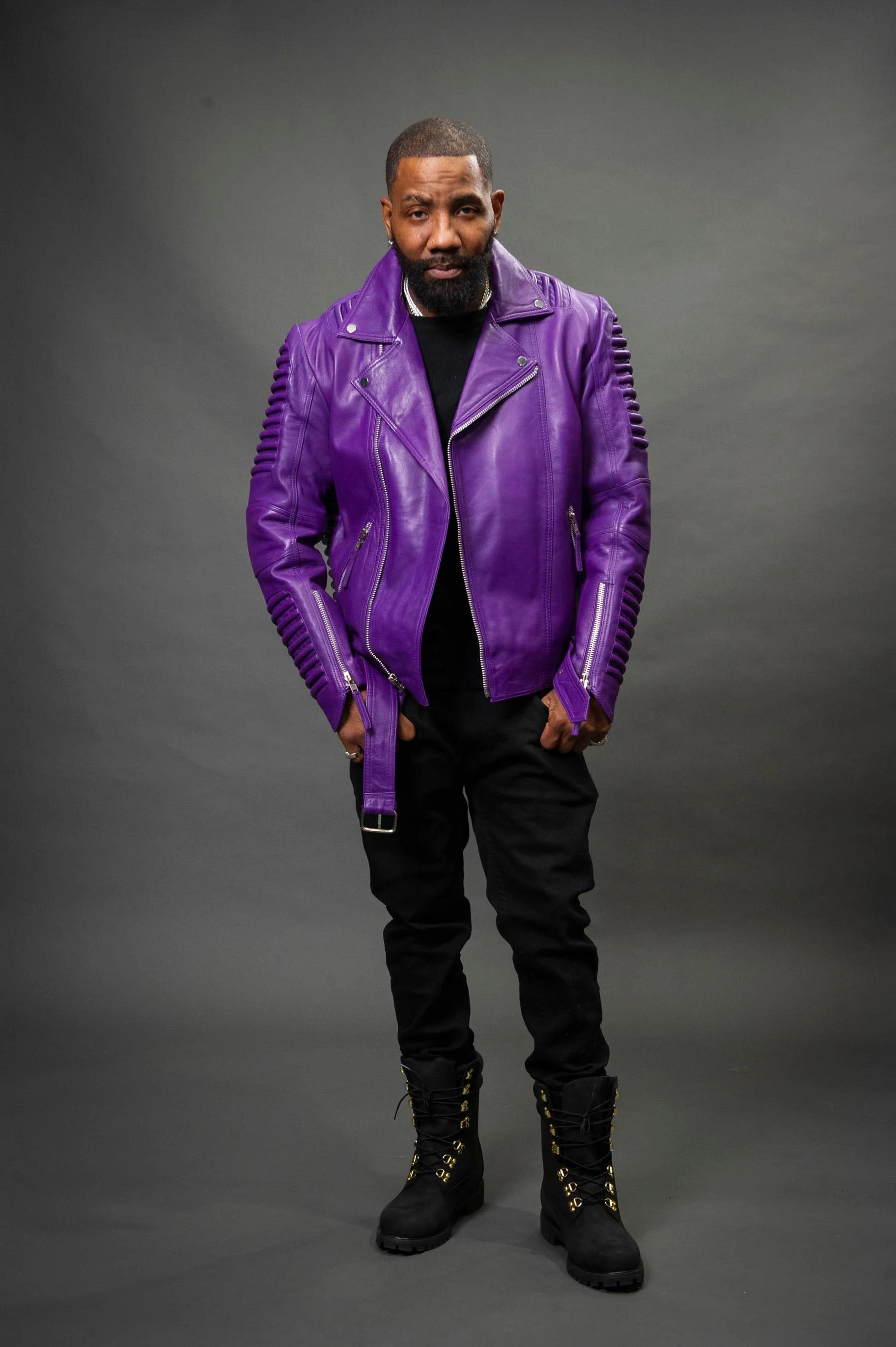 Men's Trey Biker Over-sized Leather Jacket [Purple]