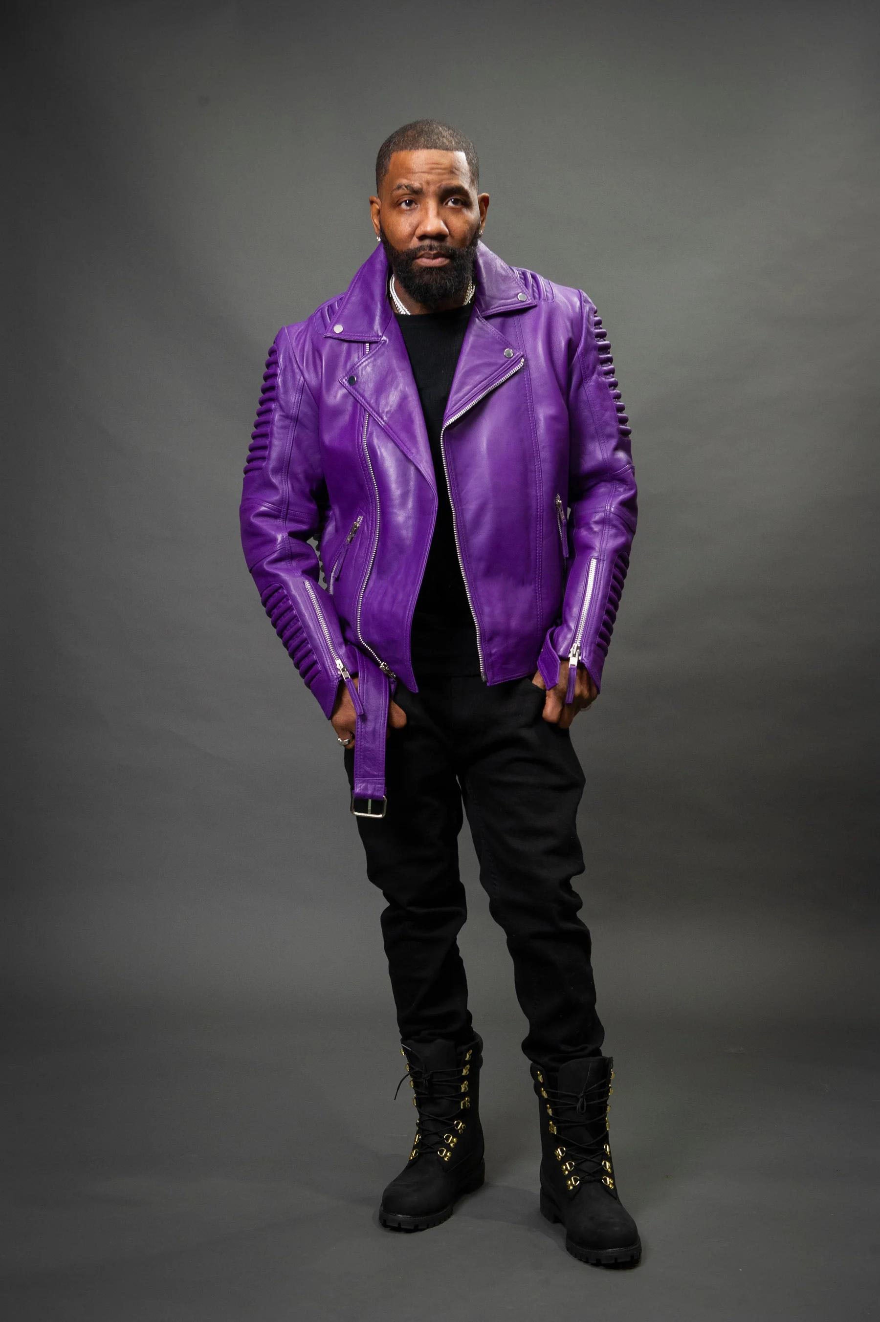 Men's Trey Biker Over-sized Leather Jacket [Purple]