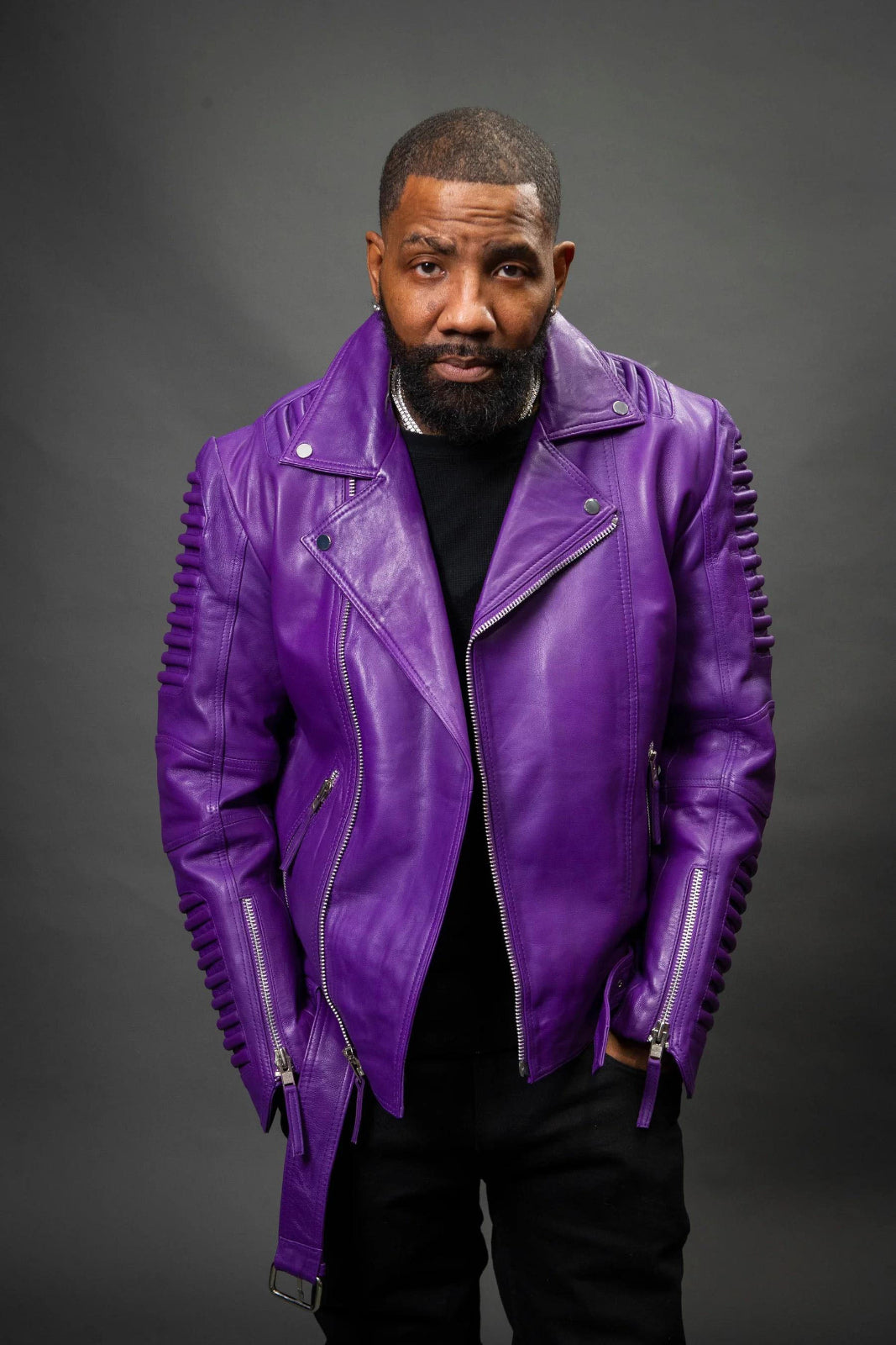 Men's Trey Biker Over-sized Leather Jacket [Purple]