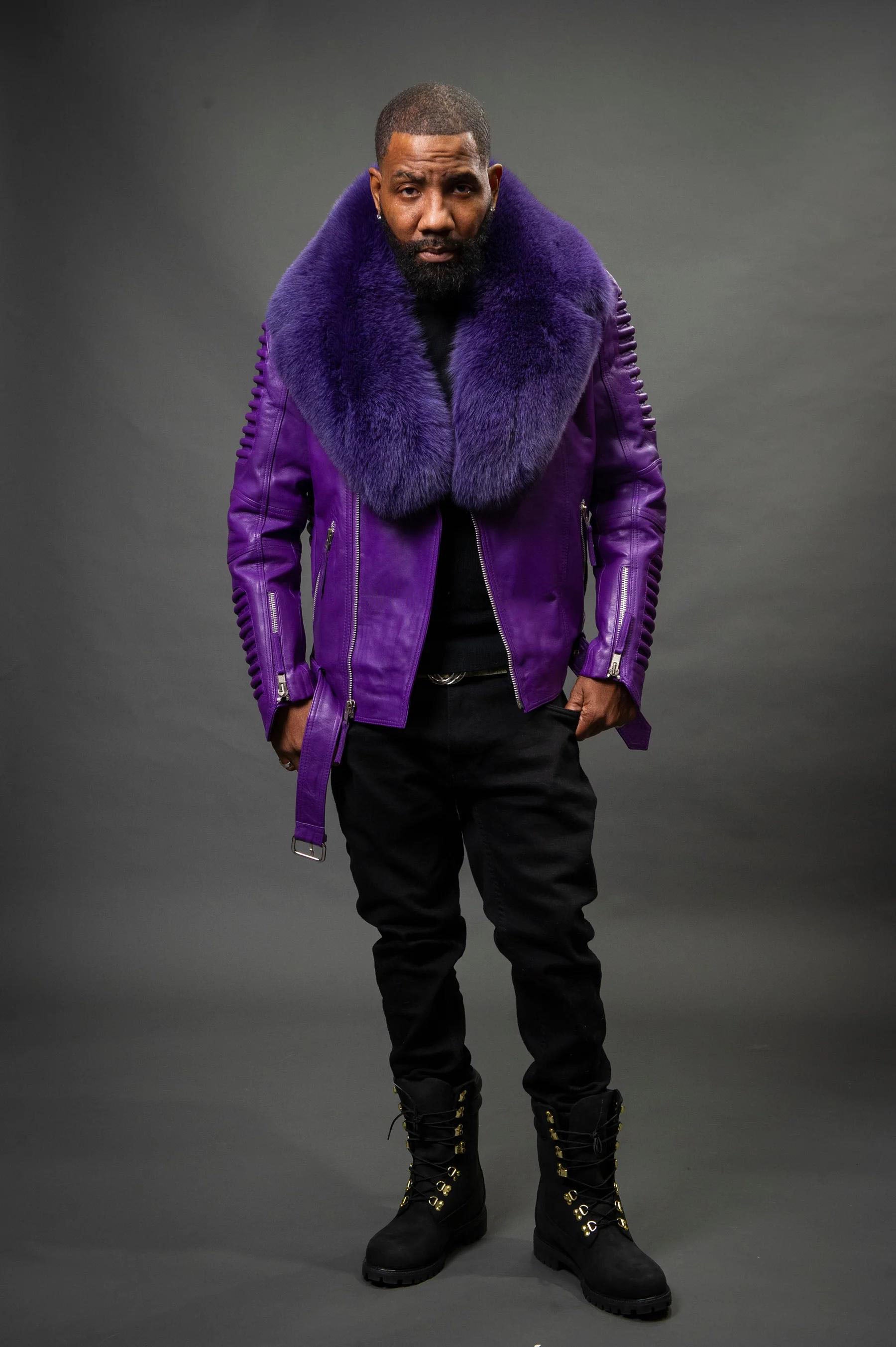 Men's Trey Biker With Fur Collar Leather Jacket [purple]