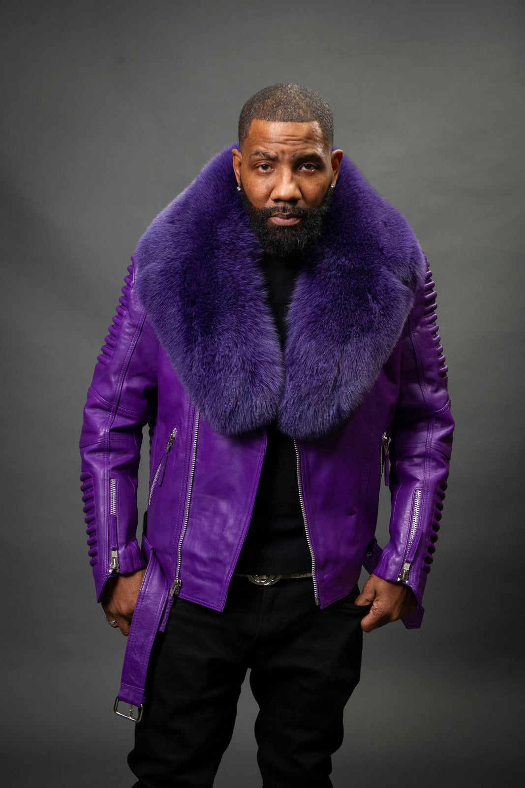 Men's Trey Biker With Fur Collar Leather Jacket [purple]