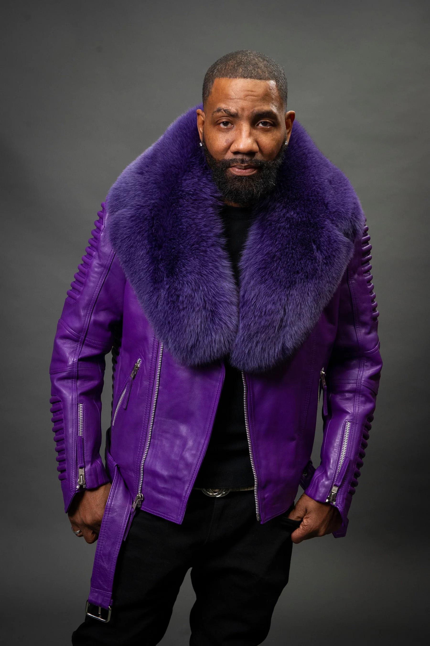 Men's Trey Biker With Fur Collar Leather Jacket [purple]