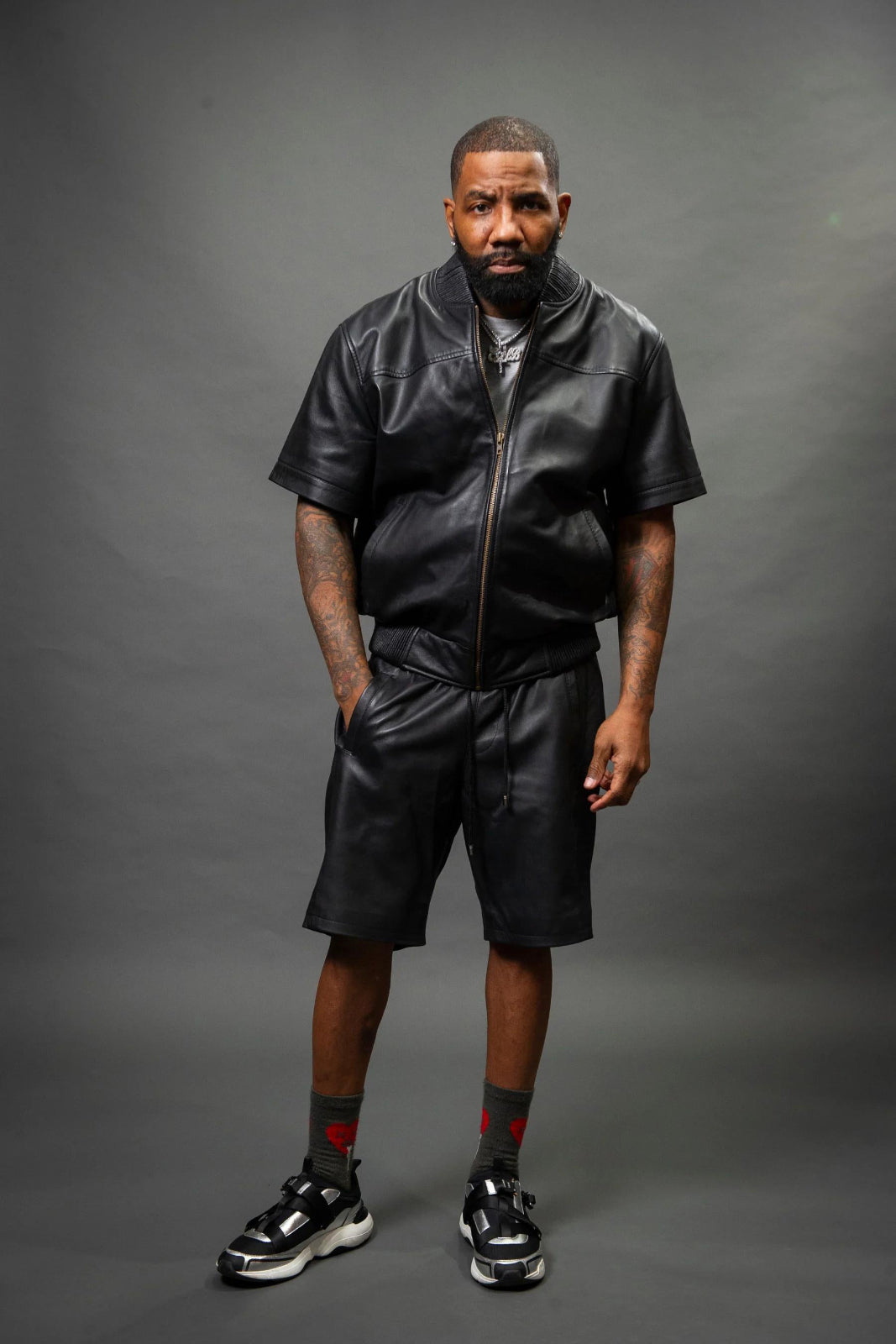 Men's Summer In Miami Leather Shirt And Cargo Shorts Set [Black]