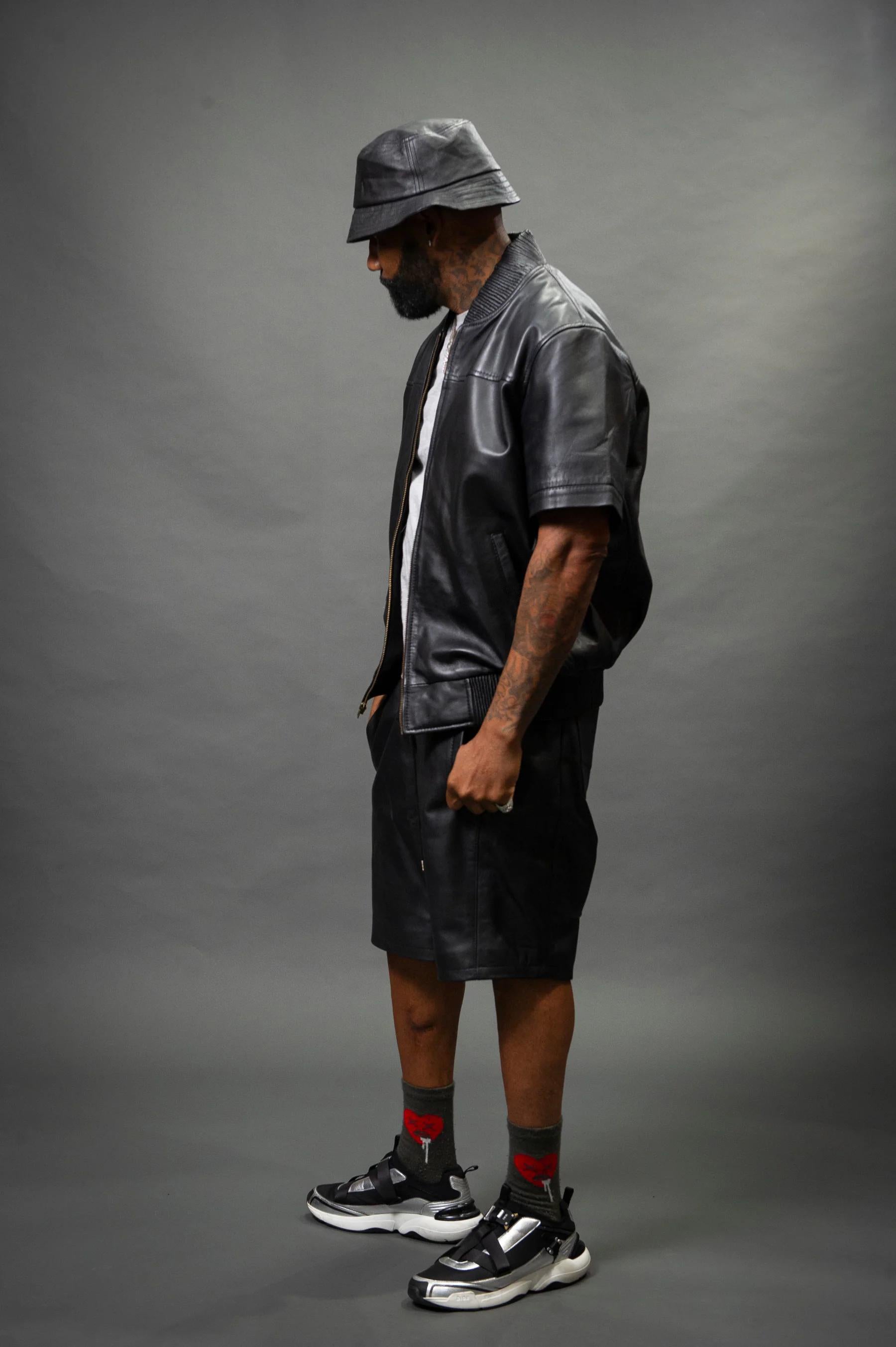 Men's Summer In Miami Leather Shirt And Cargo Shorts Set [Black]