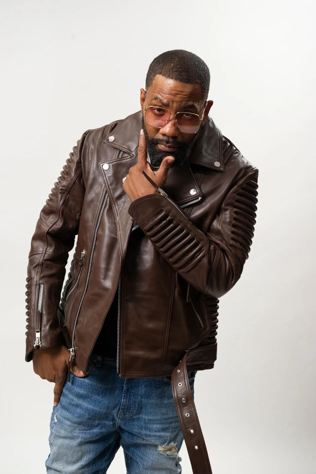 Men's Trey Biker Over-sized Leather Jacket [Dark Brown]