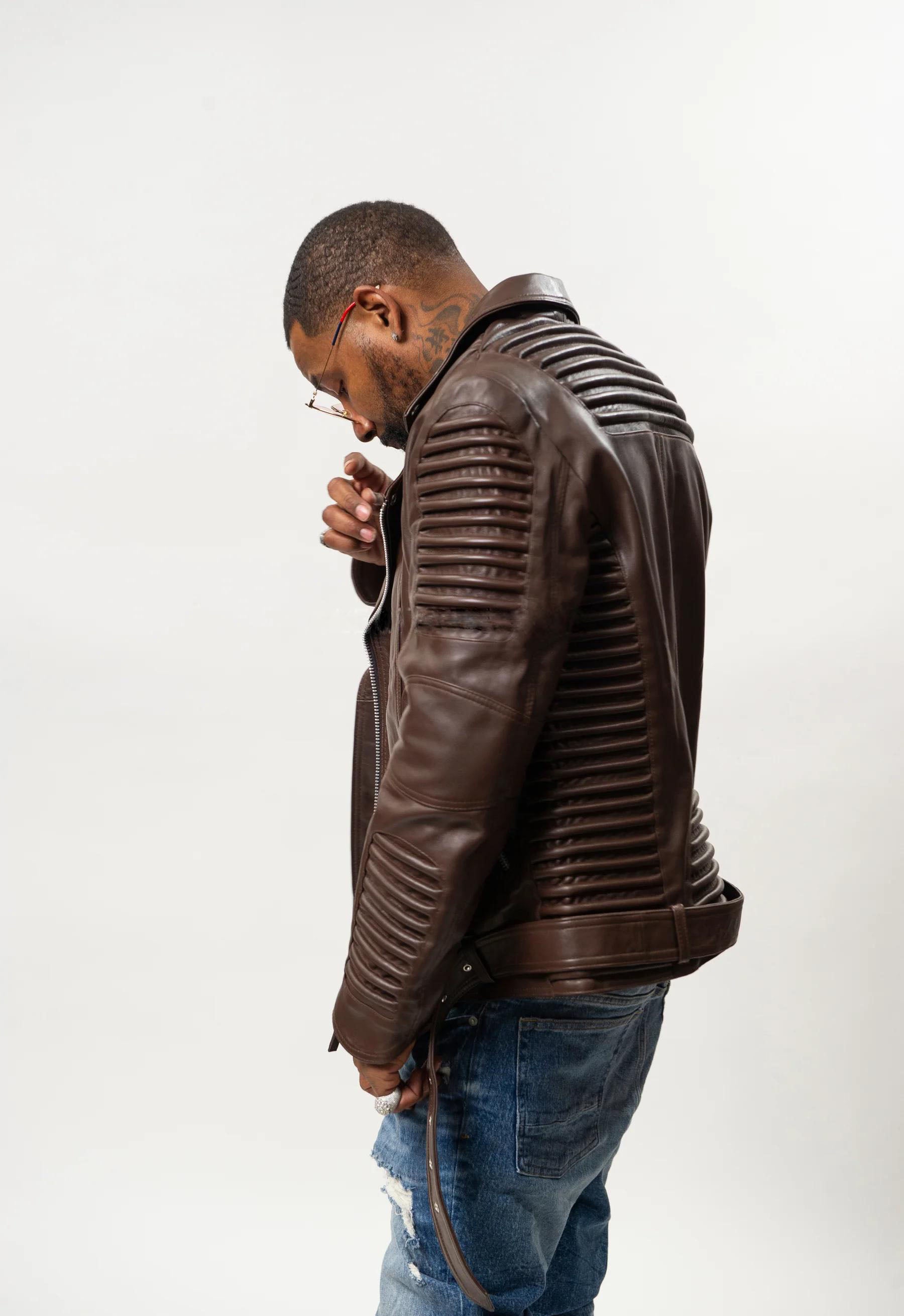 Men's Trey Biker Over-sized Leather Jacket [Dark Brown]