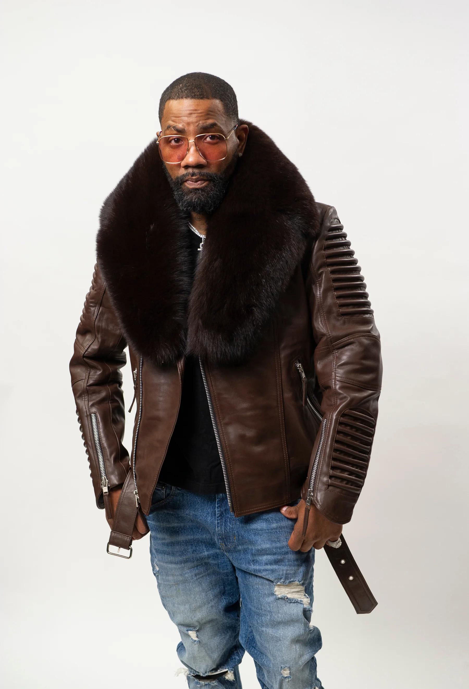 Men's Trey Biker With Fur Collar Leather Jacket [Dark Brown]