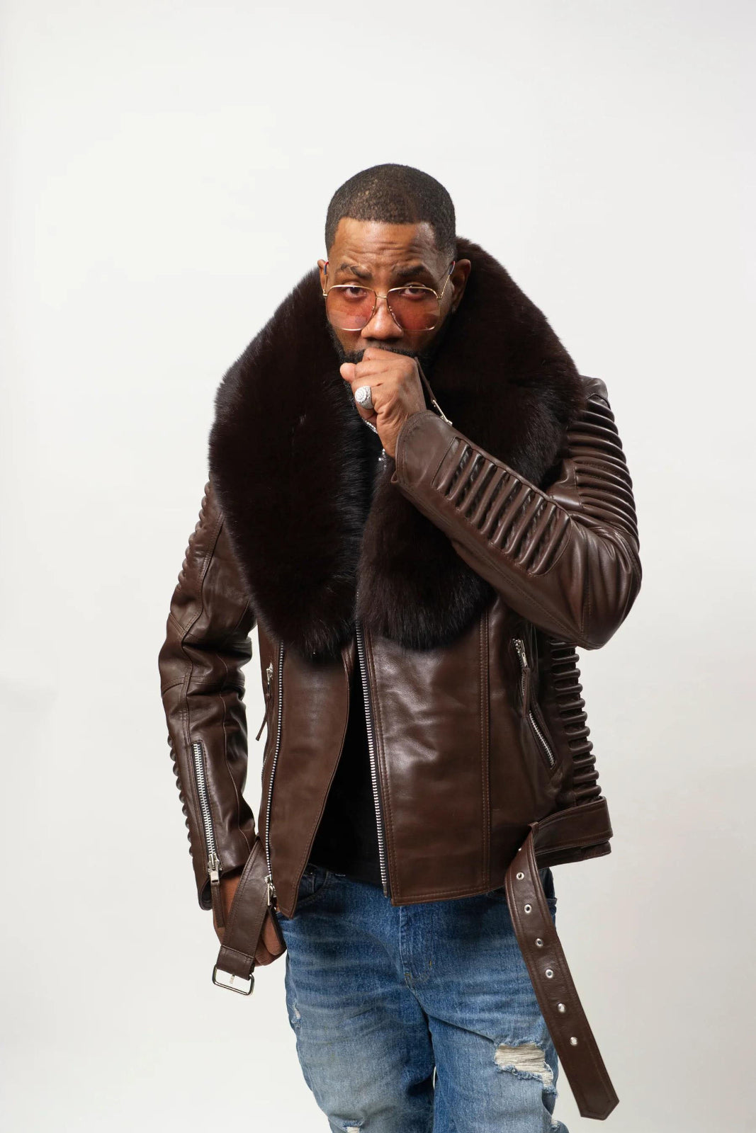 Men's Trey Biker With Fur Collar Leather Jacket [Dark Brown]