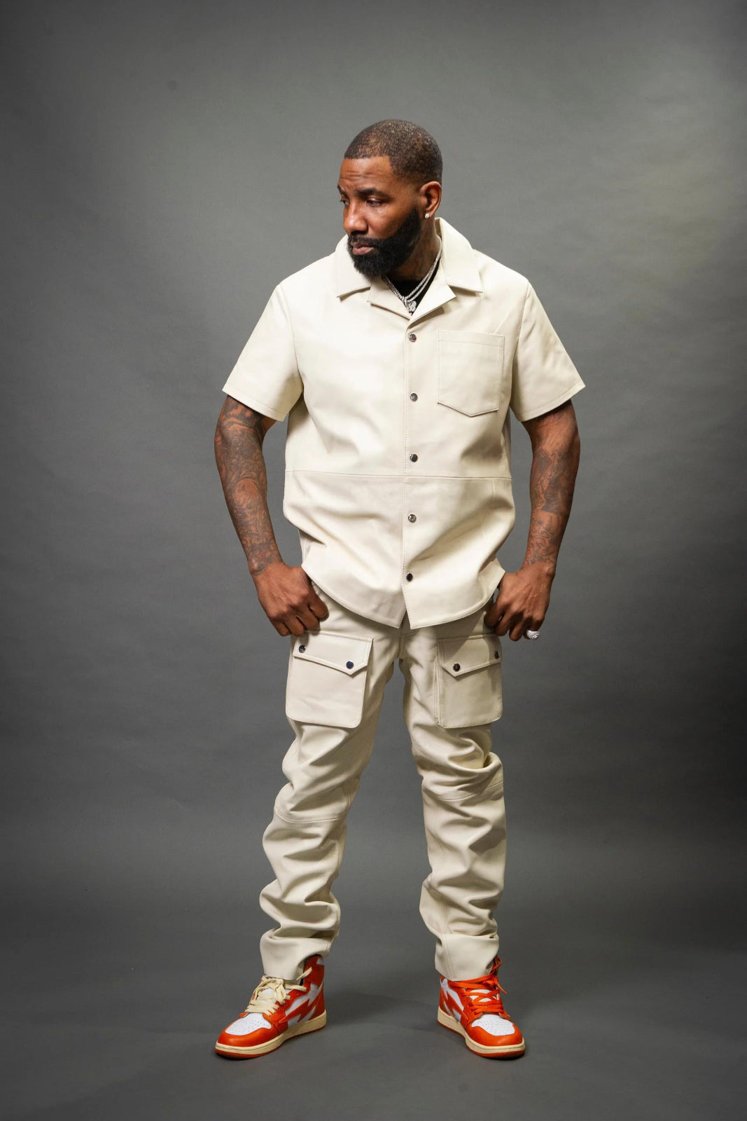 Men's Leather Short Sleeve Shirt And Cargo Pants Track Suit [White]
