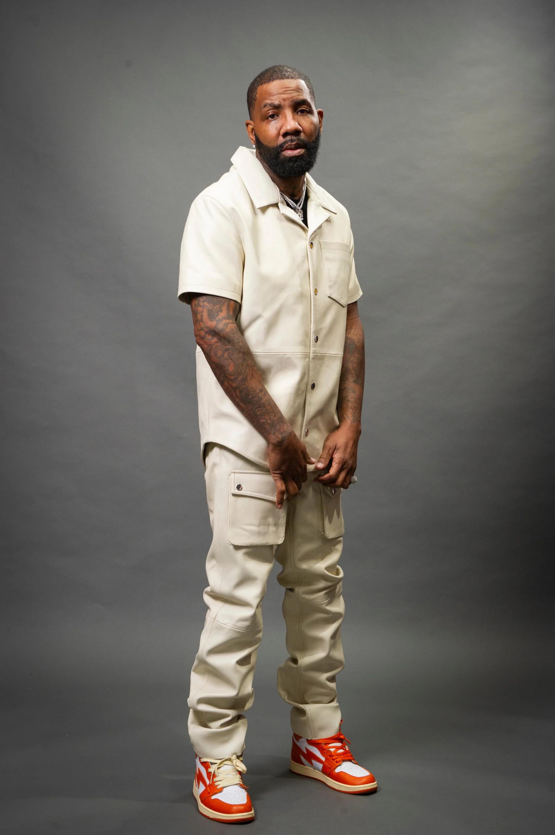Men's Leather Short Sleeve Shirt And Cargo Pants Track Suit [White]