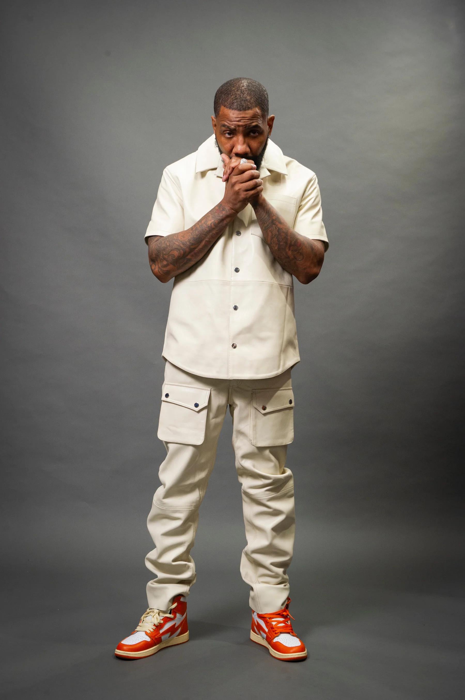 Men's Leather Short Sleeve Shirt And Cargo Pants Track Suit [White]