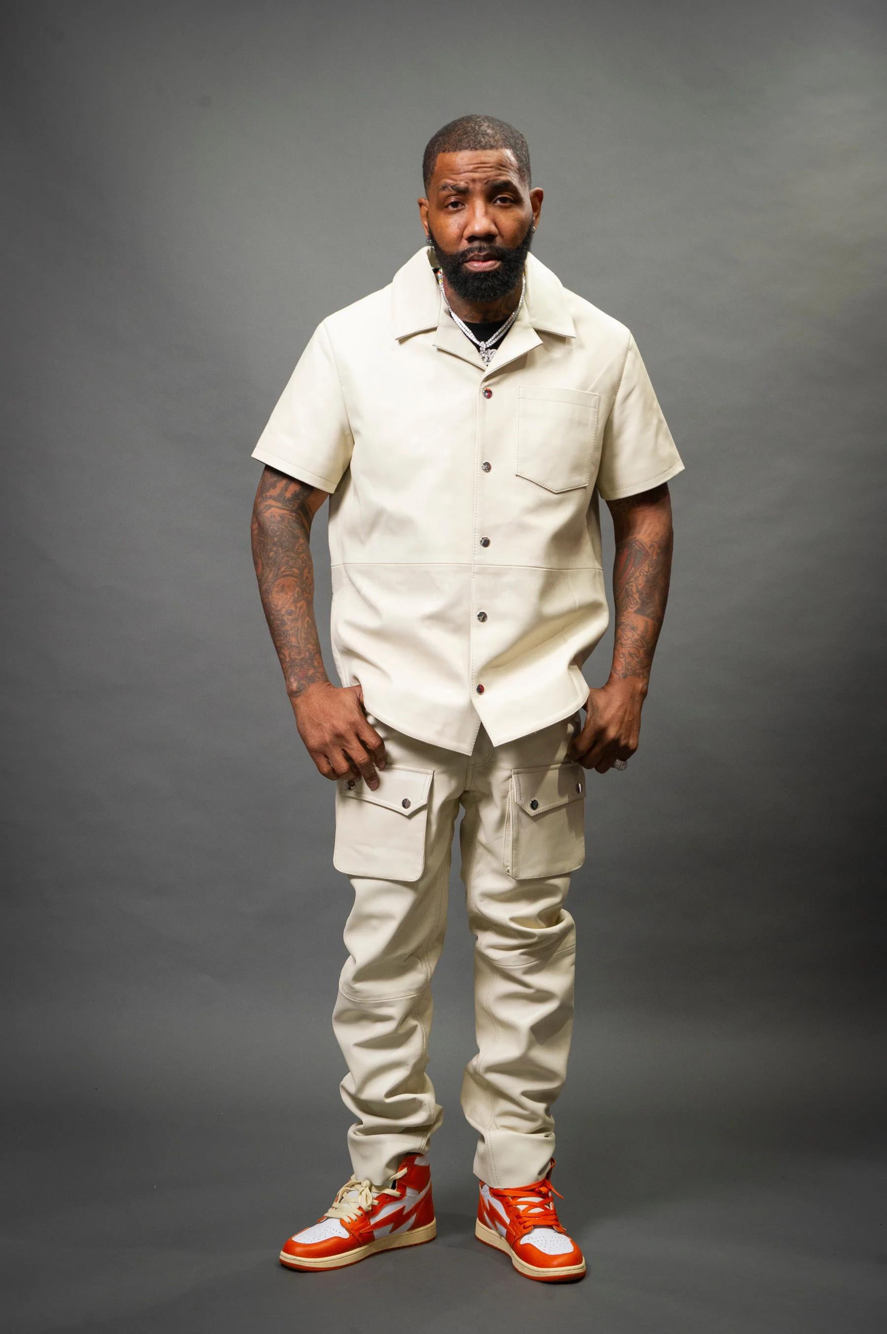 Men's Leather Short Sleeve Shirt And Cargo Pants Track Suit [White]