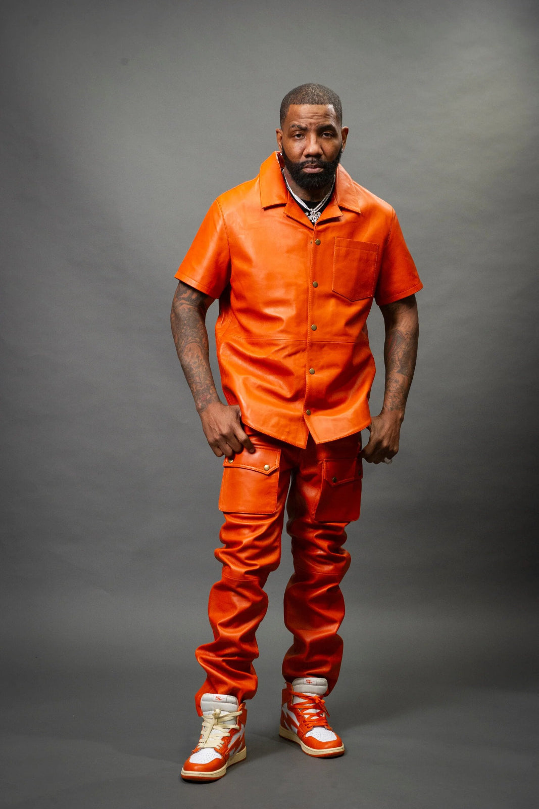 Men's Leather Short Sleeve Shirt And Cargo Pants Track Suit [Orange]