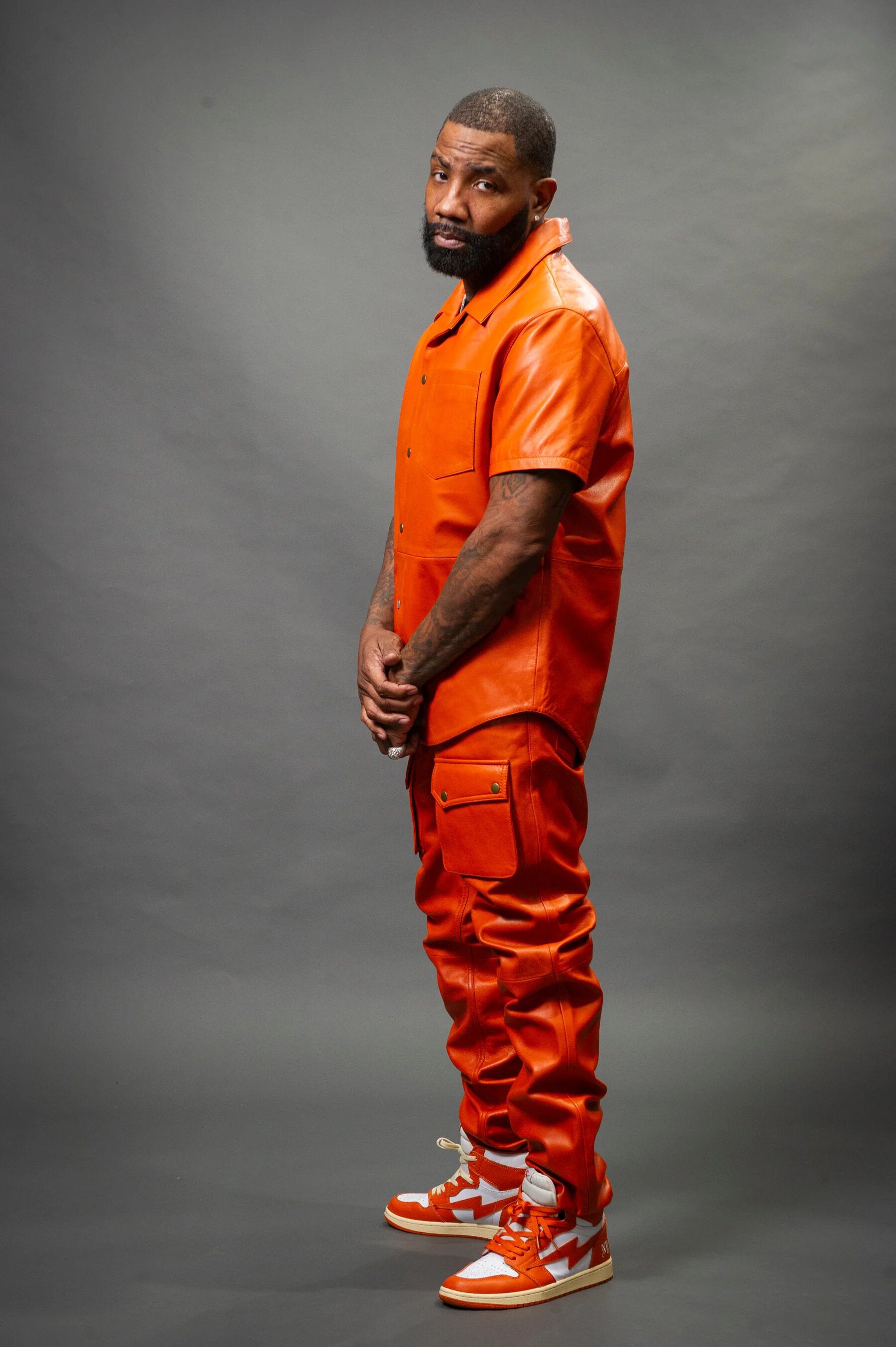 Men's Leather Short Sleeve Shirt And Cargo Pants Track Suit [Orange]