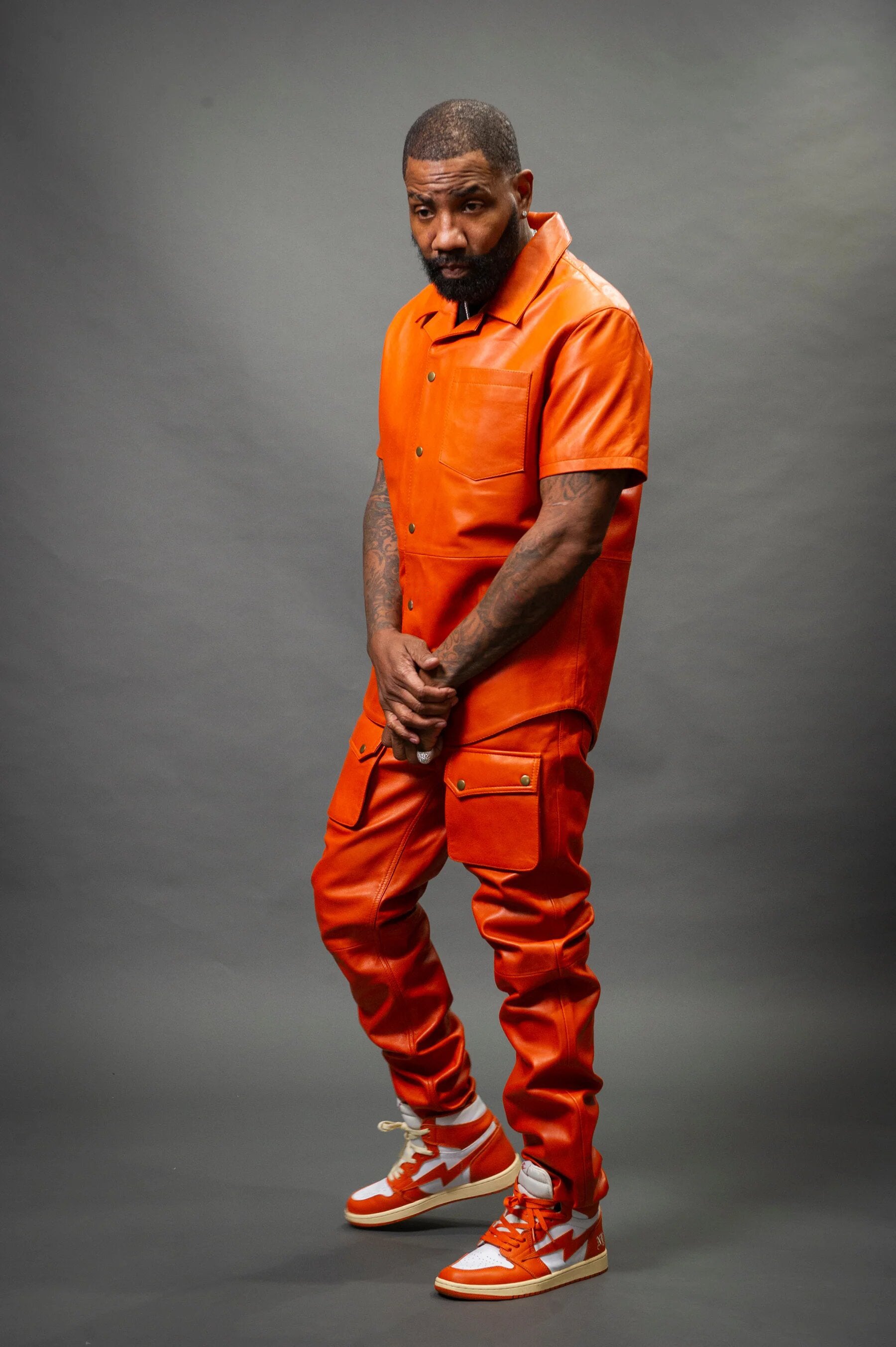 Men's Leather Short Sleeve Shirt And Cargo Pants Track Suit [Orange]