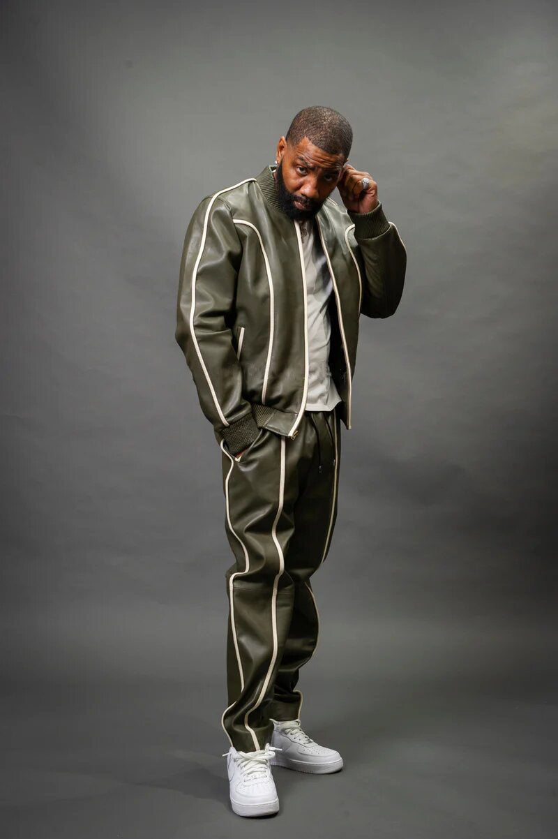 Men's Olive/White Genuine Leather Tracksuit | Sweat Suit