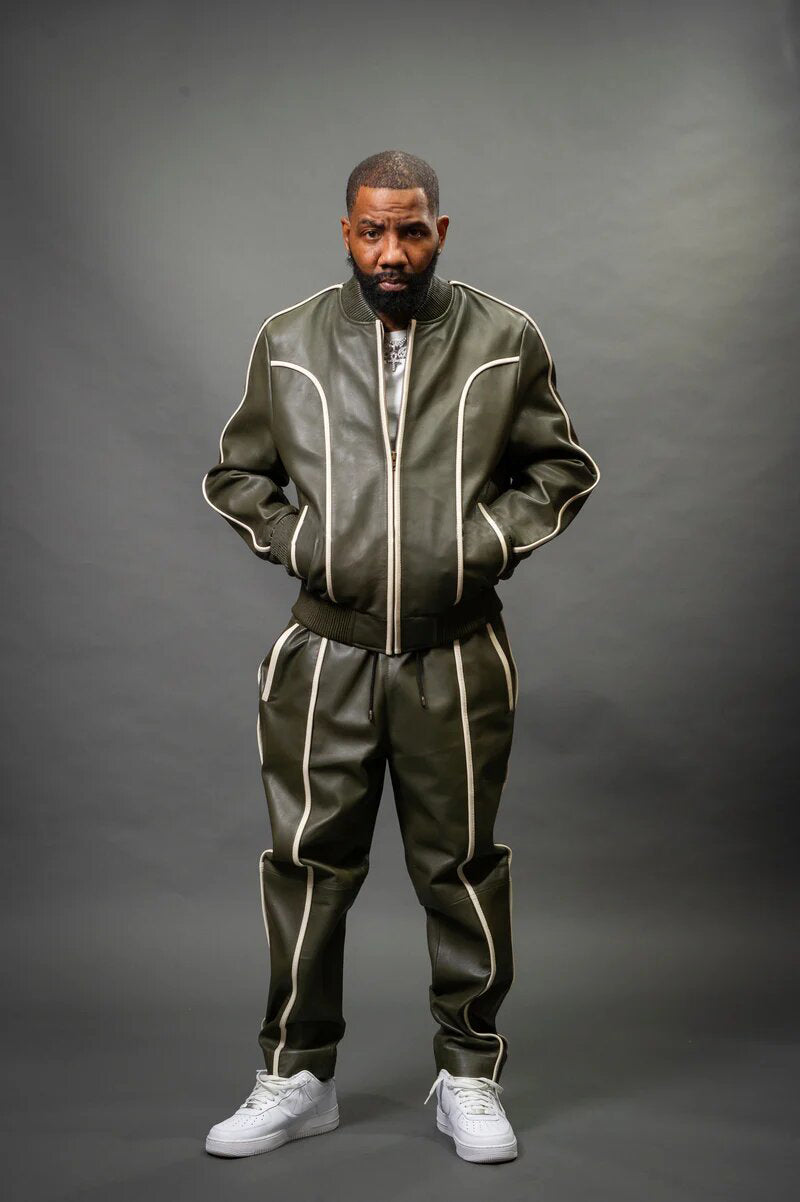 Men's Olive/White Genuine Leather Tracksuit | Sweat Suit