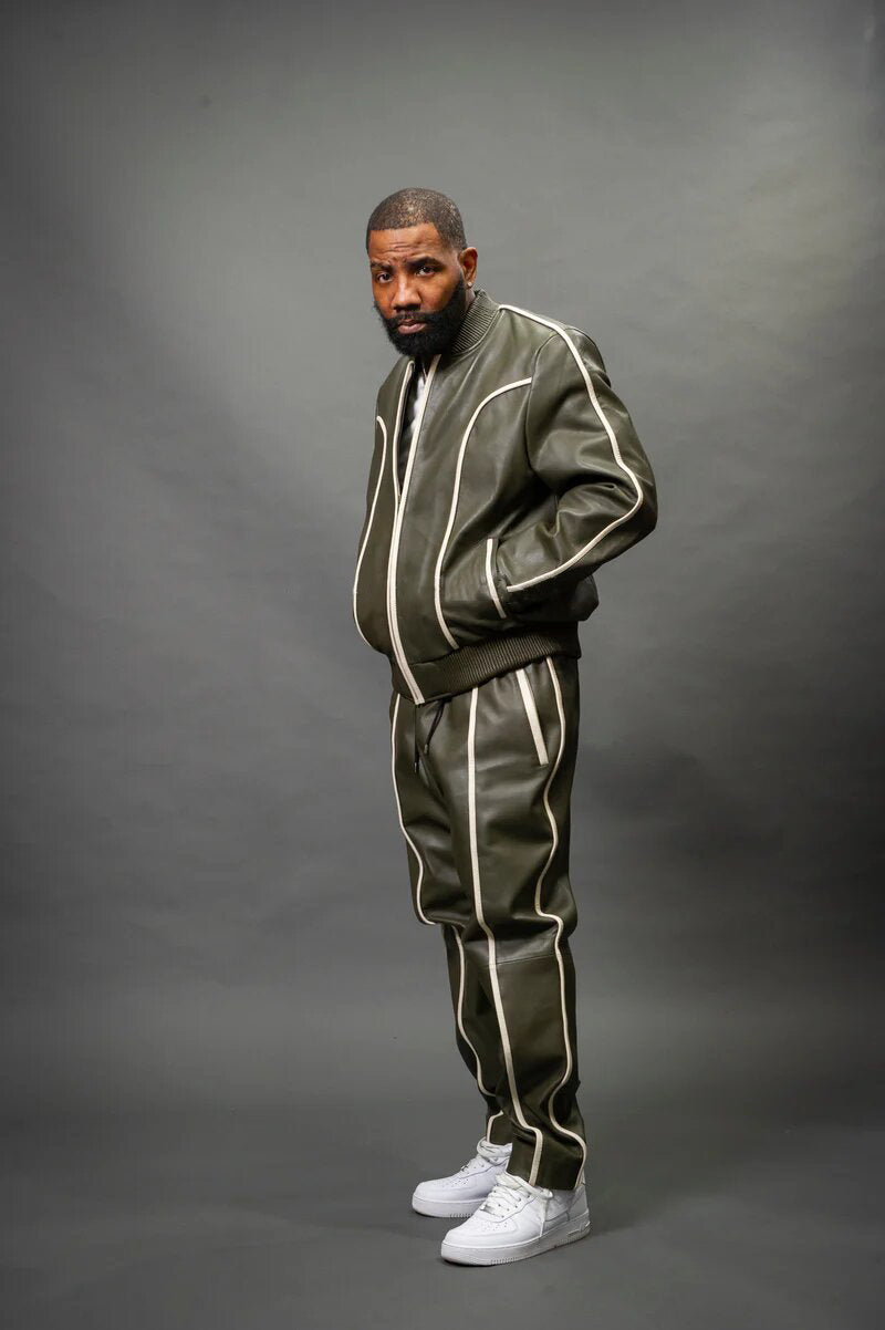 Men's Olive/White Genuine Leather Tracksuit | Sweat Suit