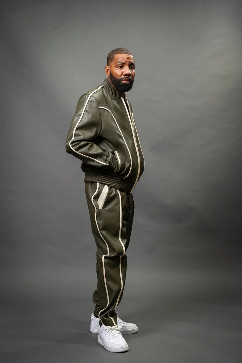 Men's Olive/White Genuine Leather Tracksuit | Sweat Suit
