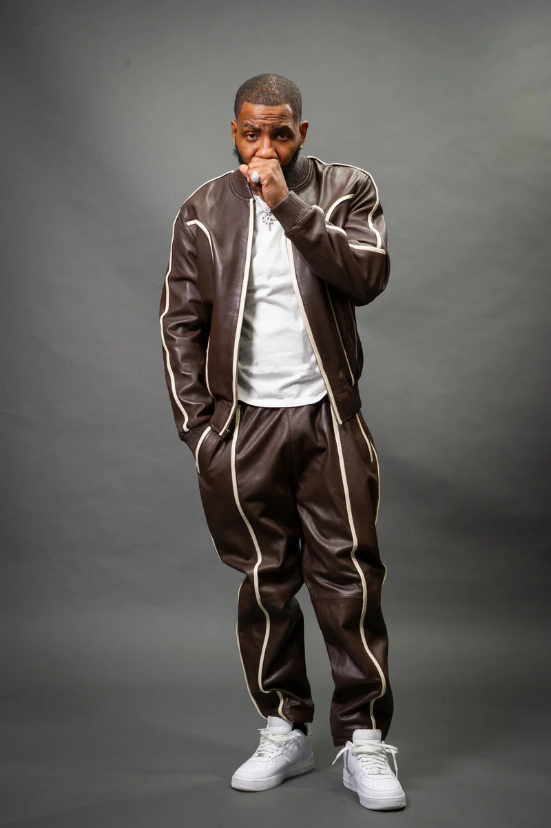 Men's Brown/White Genuine Leather Tracksuit | Sweat Suit