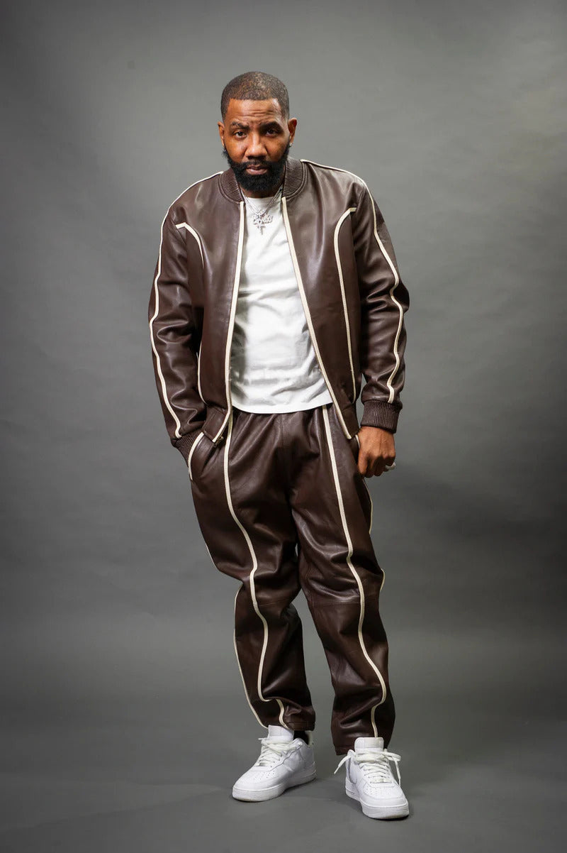 Men's Brown/White Genuine Leather Tracksuit | Sweat Suit