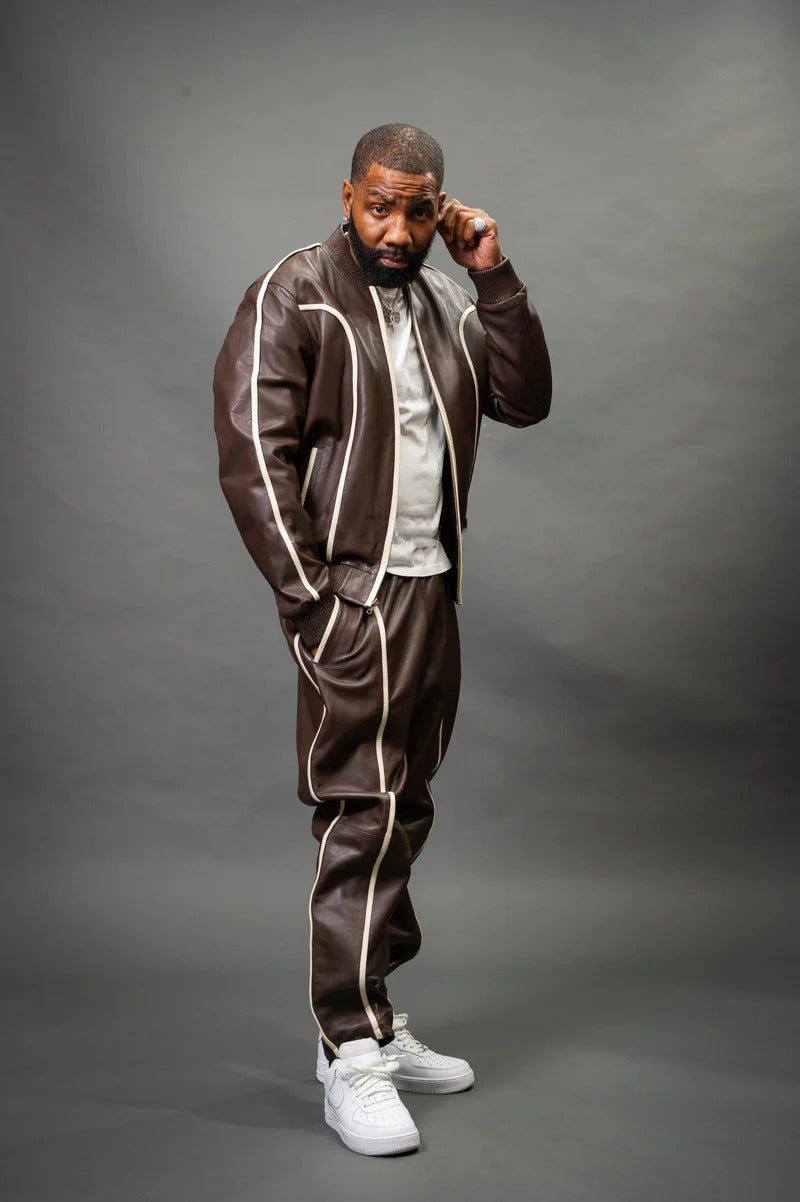 Men's Brown/White Genuine Leather Tracksuit | Sweat Suit