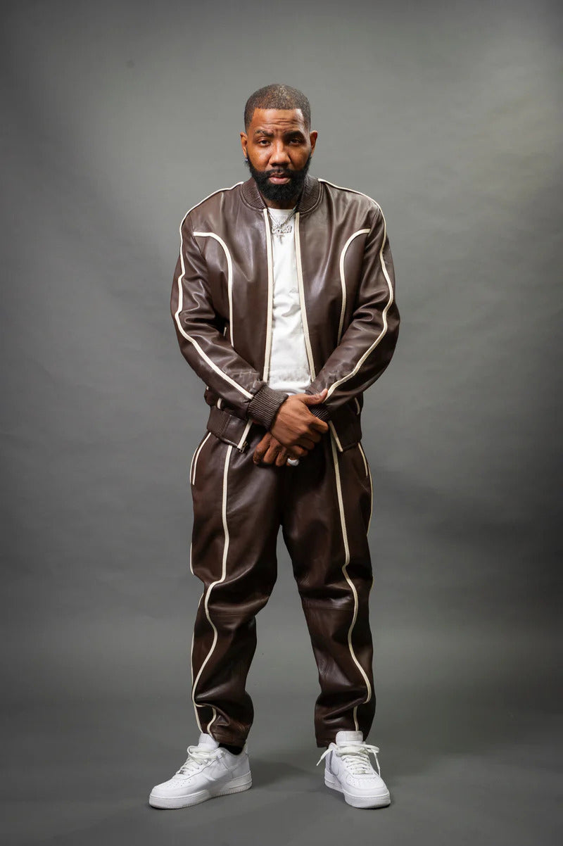Men's Brown/White Genuine Leather Tracksuit | Sweat Suit