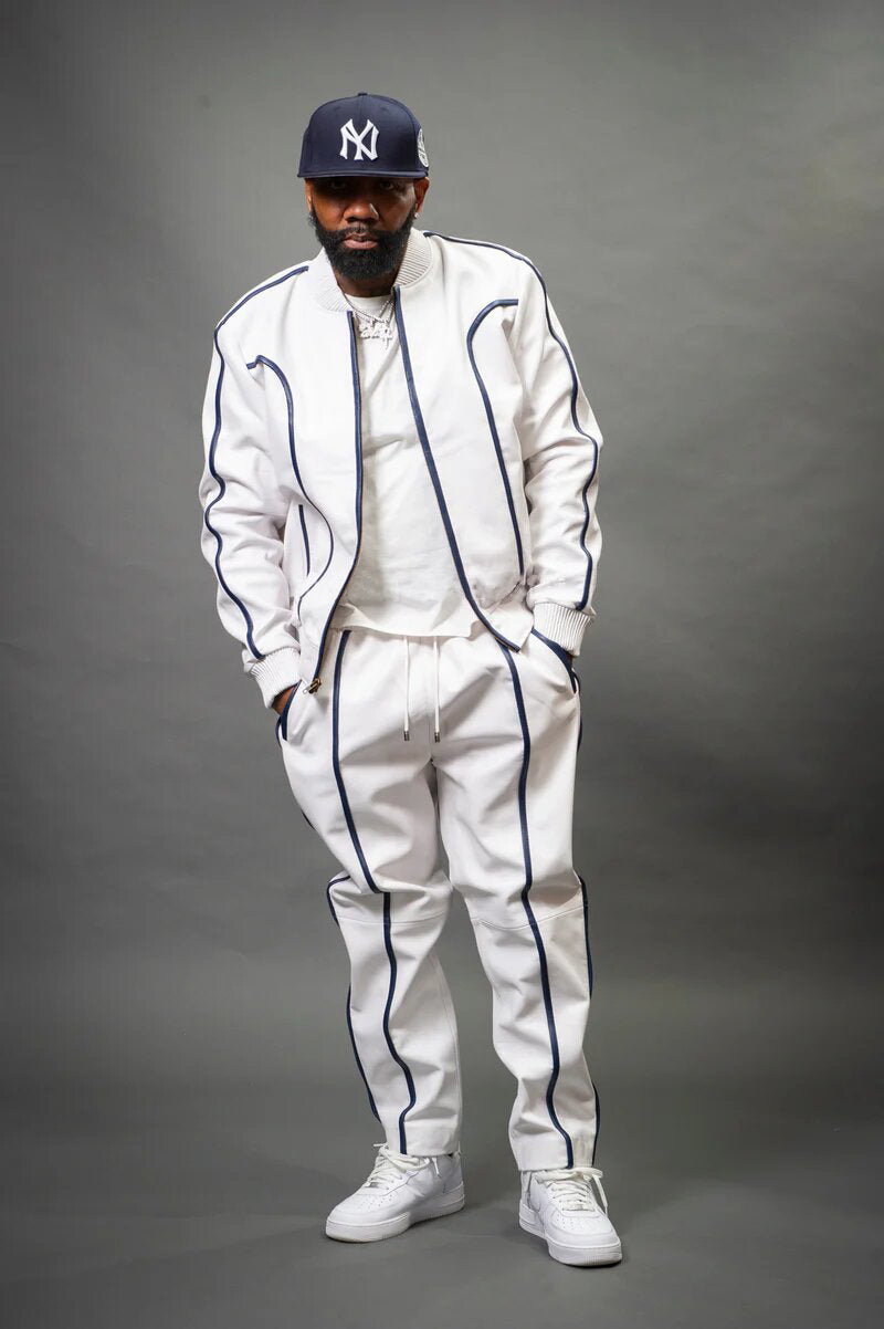 Men's Navy/White Genuine Leather Tracksuit | Sweat Suit