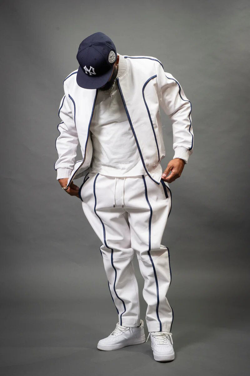 Men's Navy/White Genuine Leather Tracksuit | Sweat Suit