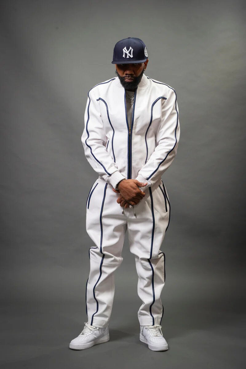 Men's Navy/White Genuine Leather Tracksuit | Sweat Suit
