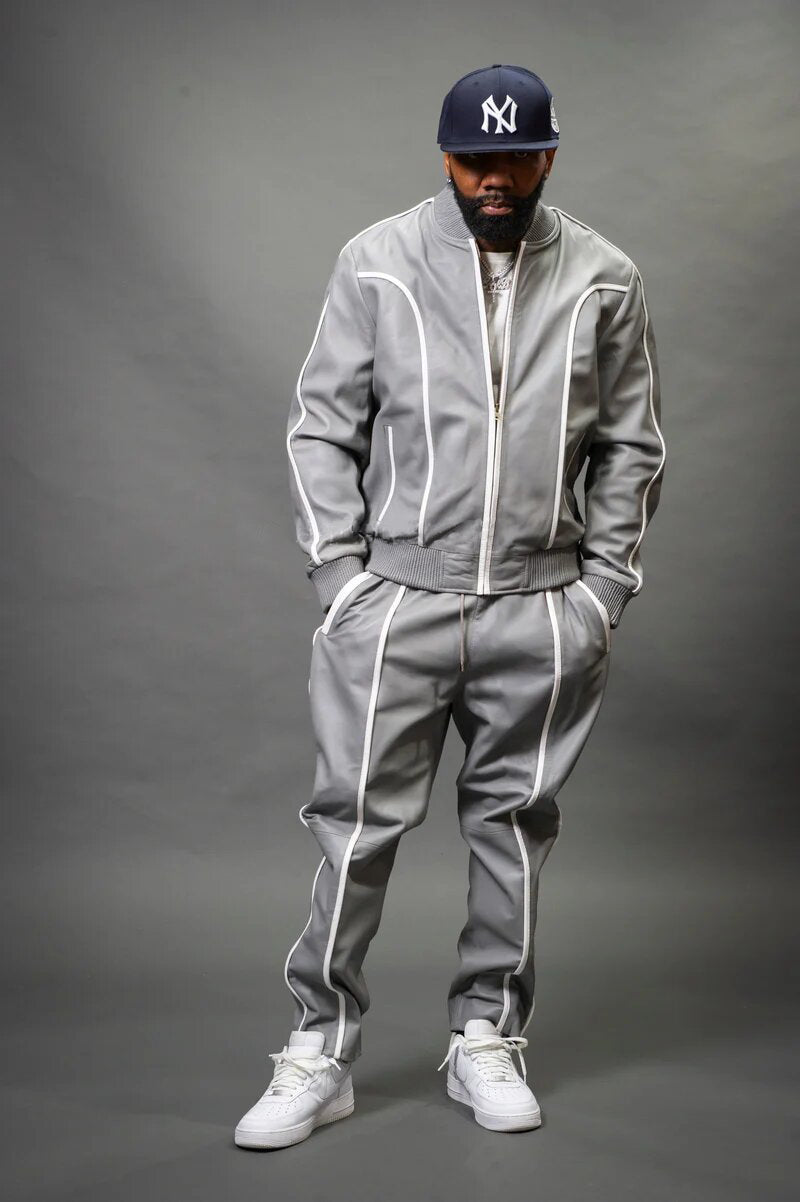 Men's Grey/White Genuine Leather Tracksuit | Sweat Suit