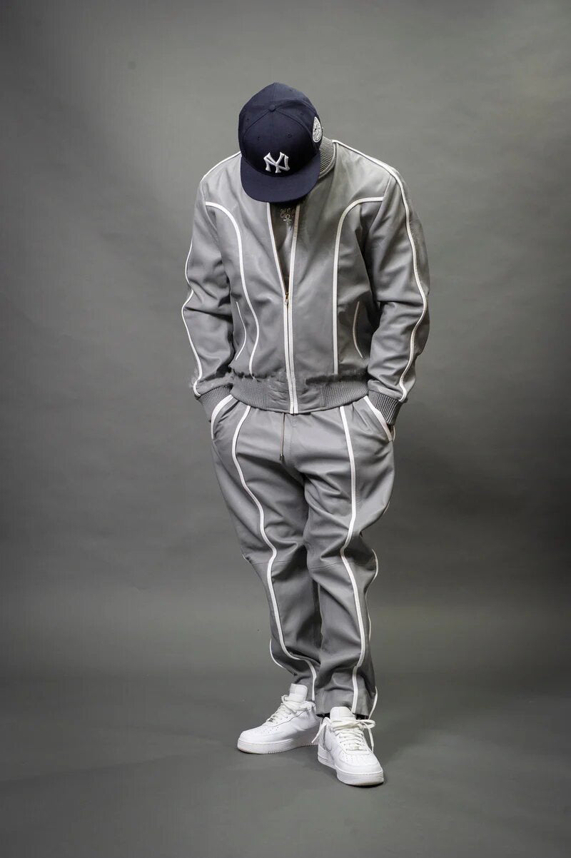 Men's Grey/White Genuine Leather Tracksuit | Sweat Suit