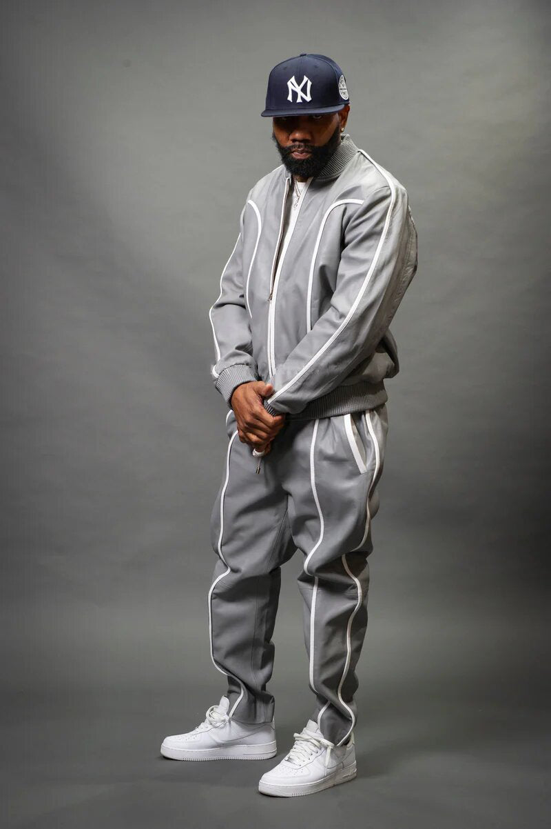 Men's Grey/White Genuine Leather Tracksuit | Sweat Suit