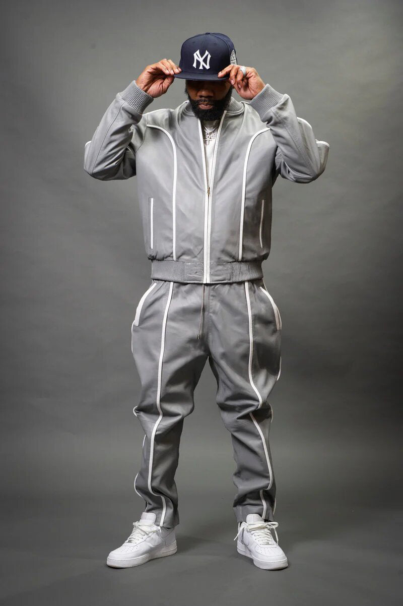 Men's Grey/White Genuine Leather Tracksuit | Sweat Suit