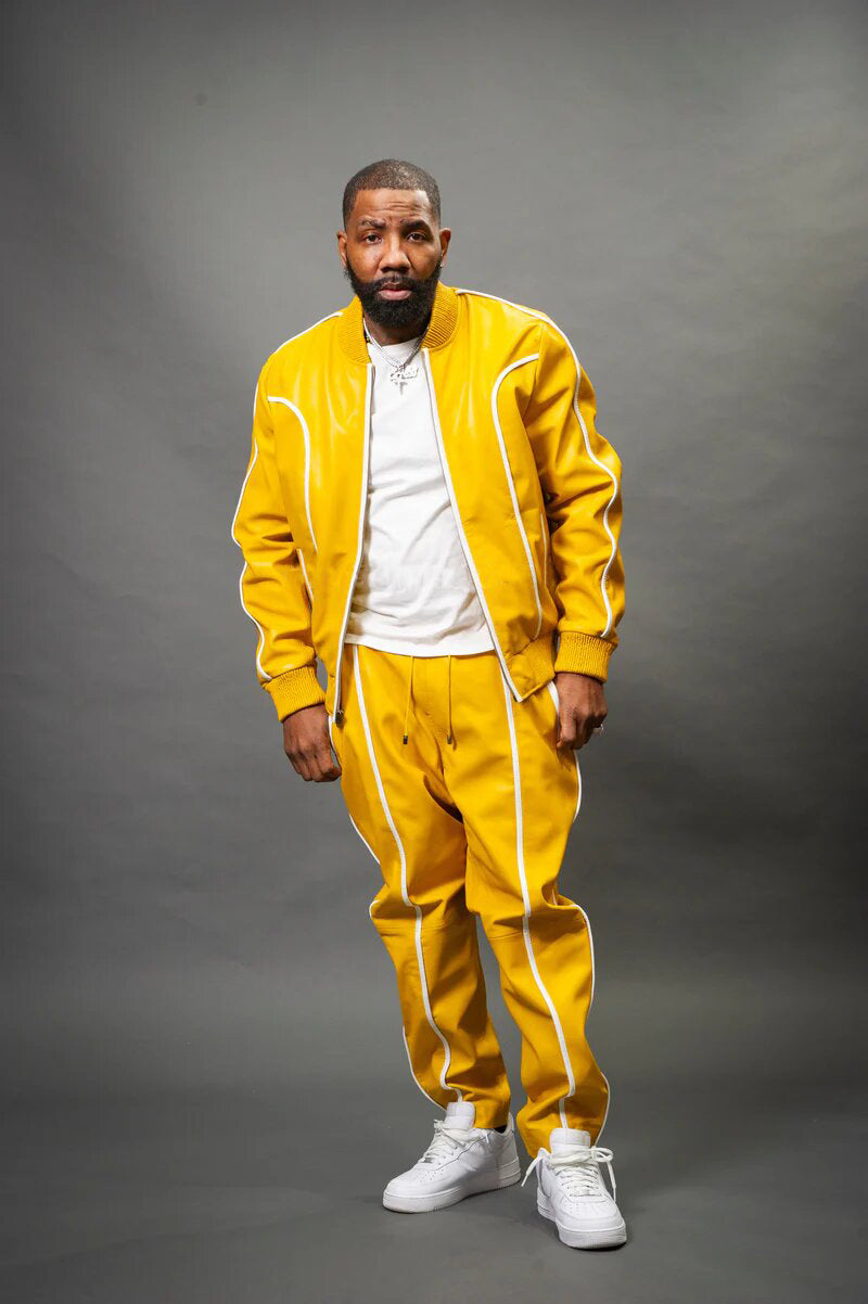 Men's Yellow/White Genuine Leather Tracksuit | Sweat Suit