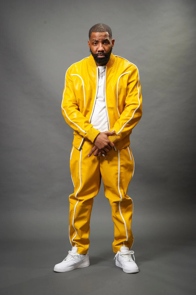 Men's Yellow/White Genuine Leather Tracksuit | Sweat Suit