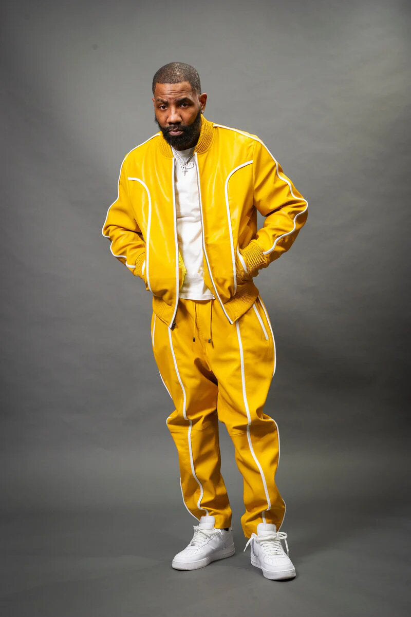 Men's Yellow/White Genuine Leather Tracksuit | Sweat Suit