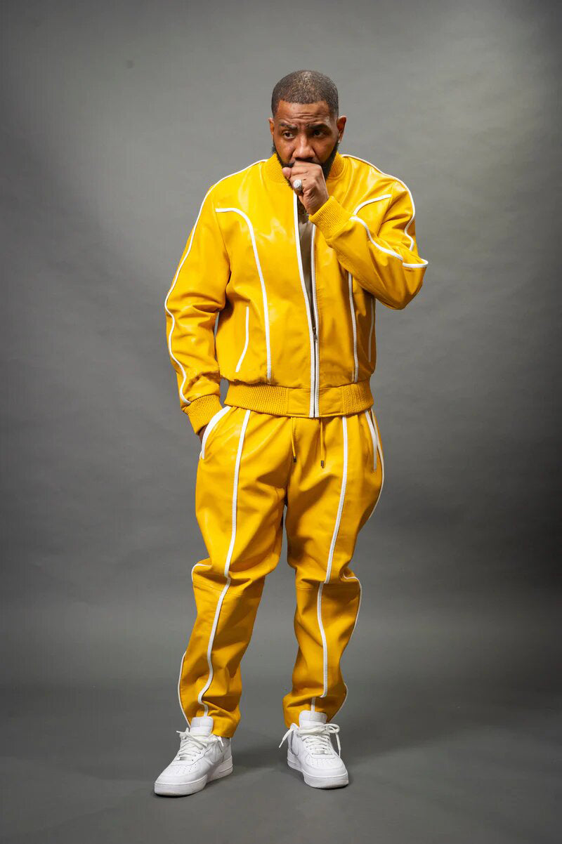 Men's Yellow/White Genuine Leather Tracksuit | Sweat Suit