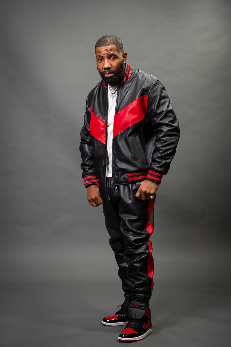 Men's V-Baseball Leather Track Suit Sweatsuit [Black/Red]