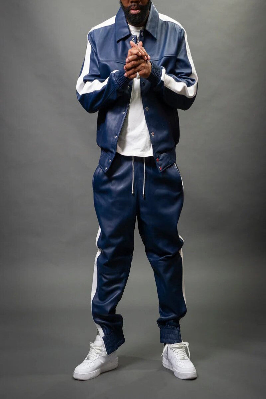 Men's Leather Track Suit Sweatsuit [Navy/White]