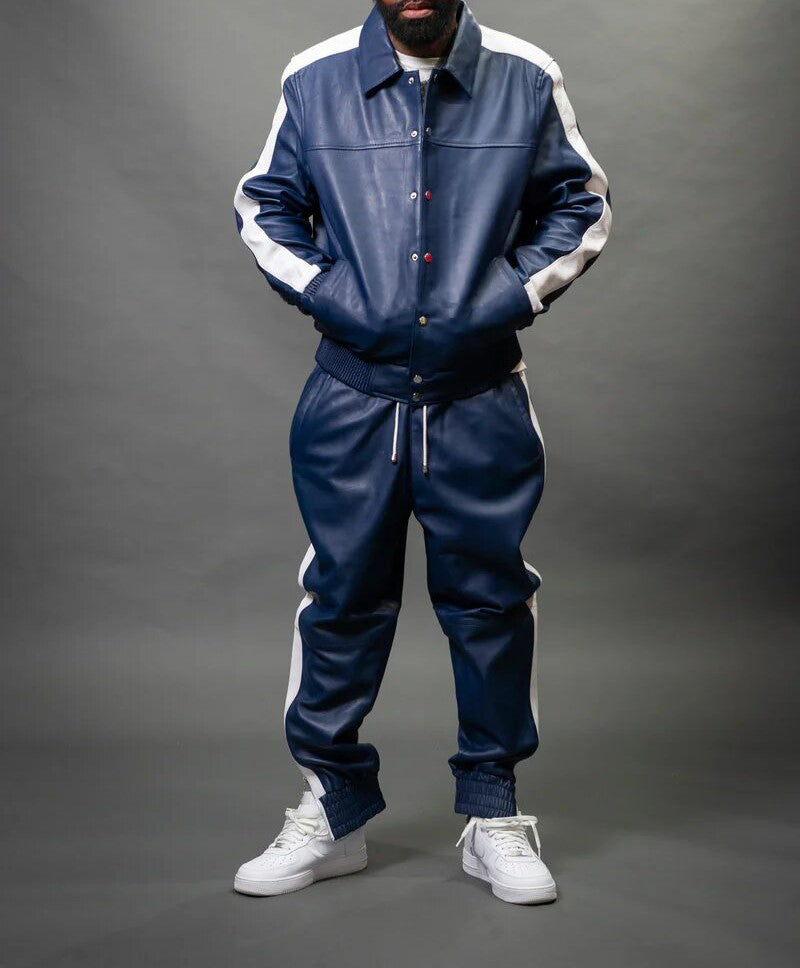 Men's Leather Track Suit Sweatsuit [Navy/White]