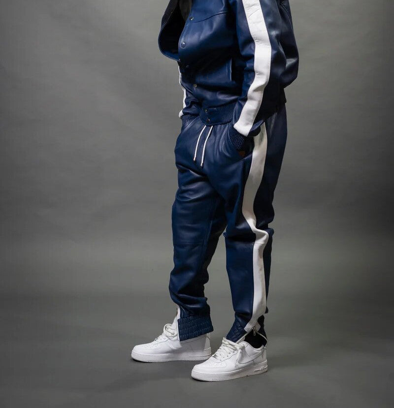 Men's Leather Track Suit Sweatsuit [Navy/White]